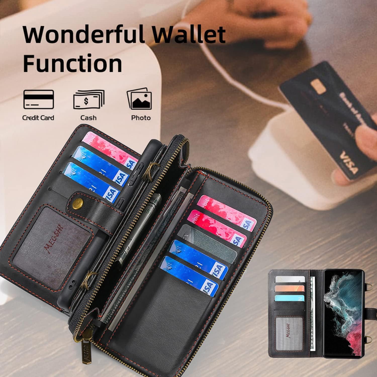 Detachable 2 in 1 Wallet Case for Samsung Galaxy S25 Ultra with Wrist Strap,Crossbody Shoulder Strap, 9+ Card Slots Zipper Purse,Phone Cover for S25Ultra 25S S 25 25Ultra 6.9 2025 Black