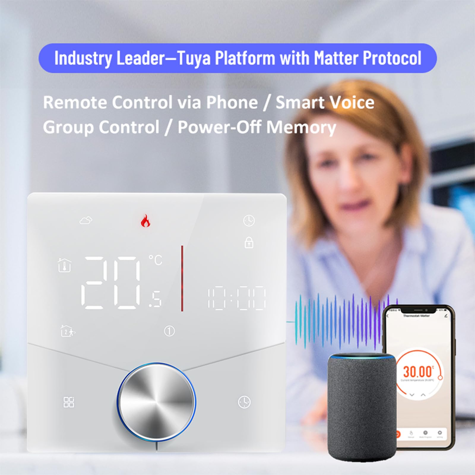 Matter Termostato Intelligente per Caldaia Gas/Acqua Individuale Riscaldamento funziona con Alexa Google Home Homekit Apple Home, Contatto Secco 5A 95~240V AC