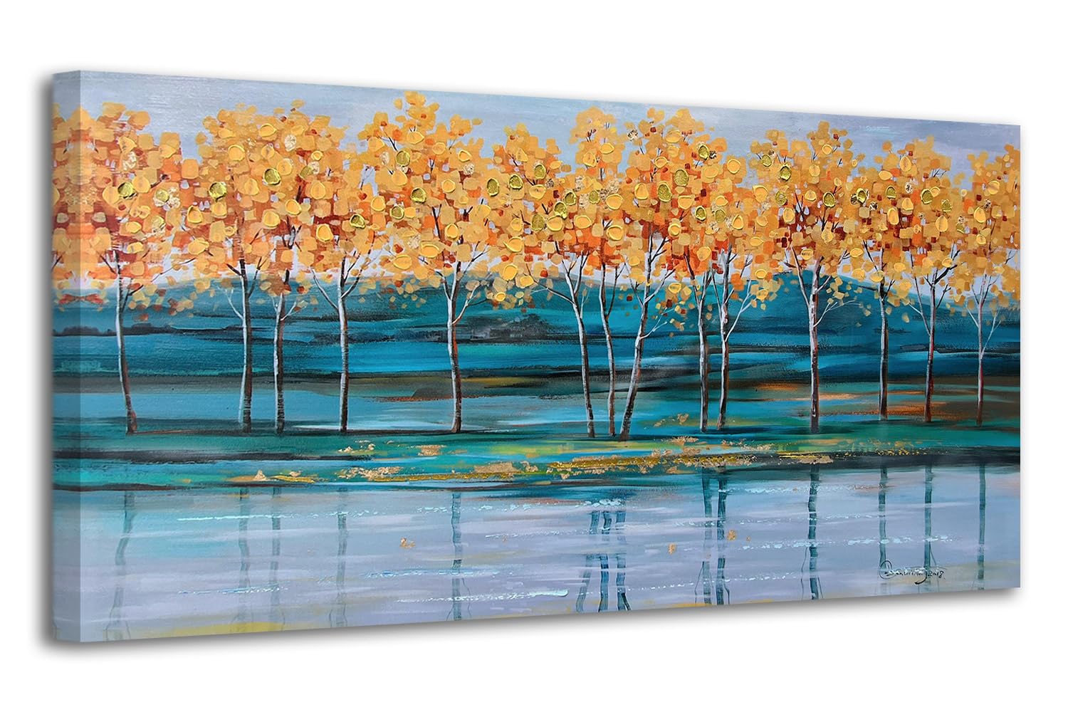 Ardemy Gold Ginkgo Tree Canvas Wall Art Nature Painting Modern Blue Landscape Mountain Artwork Scenic Teal Scenery Picture Large Framed for Living Room Bedroom Bathroom Home Office Wall Decor, 40"x20"