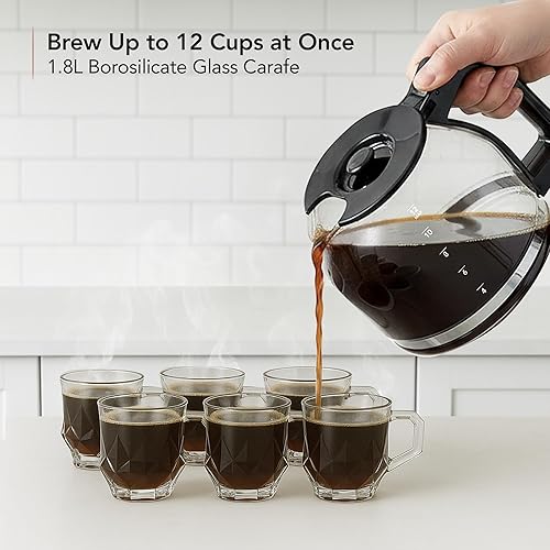 Miniatura 2 de OVENTE Cafetera de goteo de 12 tazas con jarra de vidrio de borosilicato, máquina de operación de un solo toque, sistema antigoteo, filtro