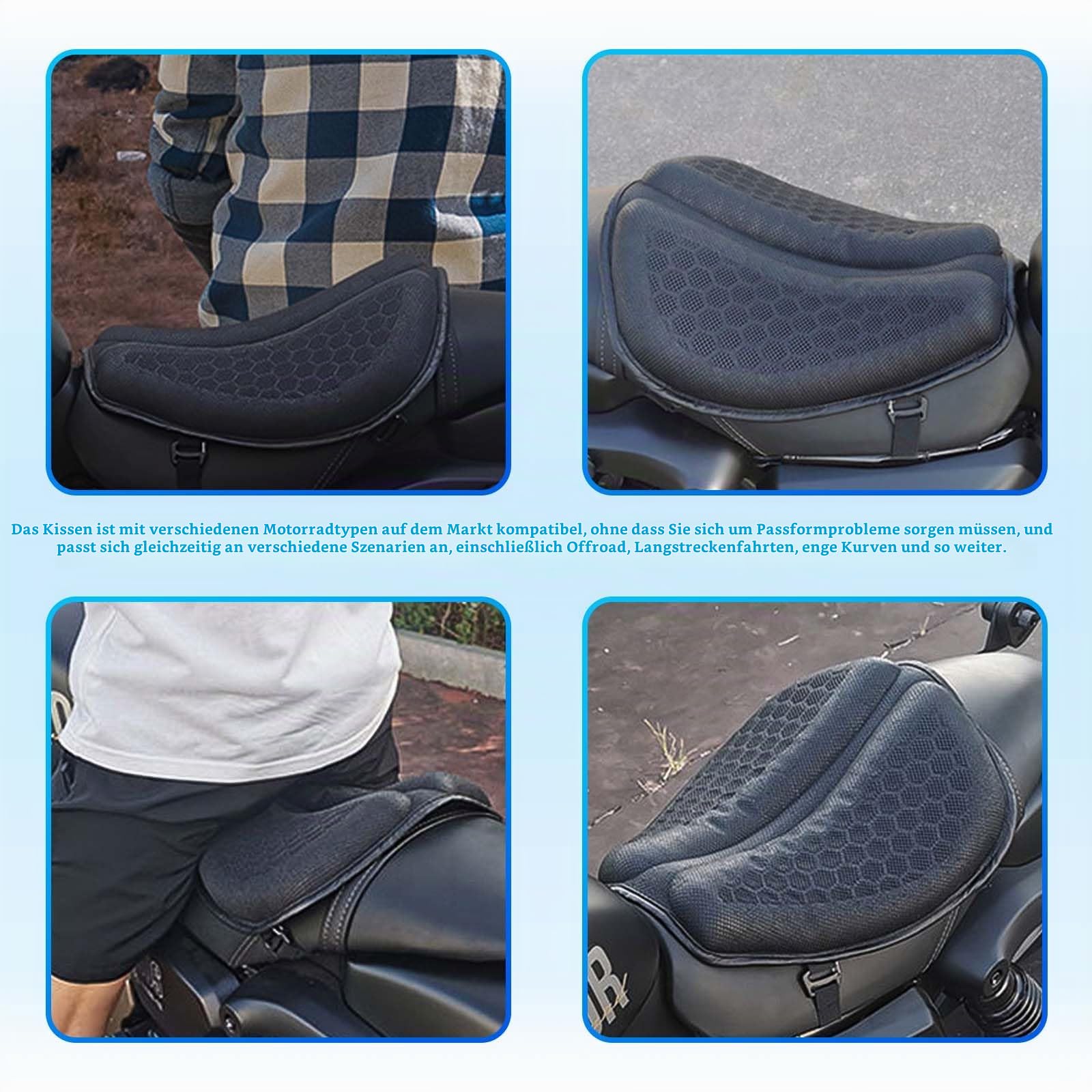 Motorrad Gel Sitzkissen Moto 3D Waben wasserdichte Funktion Universelle Sitzbezug Struktur Atmungsaktive Stoßdämpfung reduziert Motorrad Gel Sitzpolster für Bequeme Lange Fahrten
