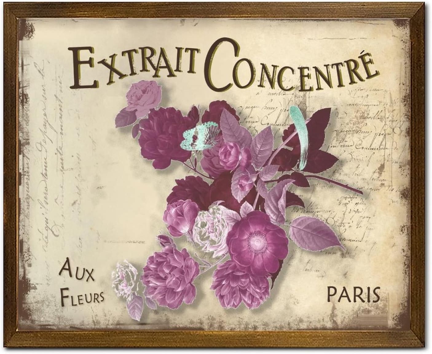 Extrait Concentré Aux Fleurs Framed Wooden Sign Vintage French Rose Flower Wall Art Sign Rustic Botanical Artwork Wood Hanging Sign Decorative for Home Kitchen Bar Room Garage Bedroom 16x20 Inch