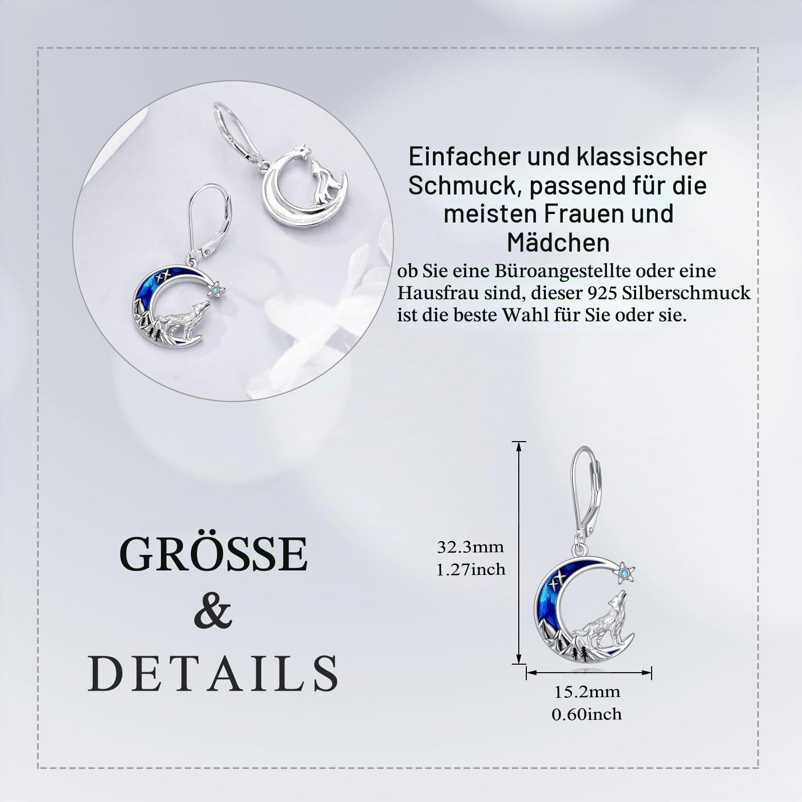Tier Ohrringe Geschenke für Damen Mädchen Sterling Silber Abalone Mountain Wolf Ohrringe Mond Stern Leverback Ohrringe Schmuck Geschenke