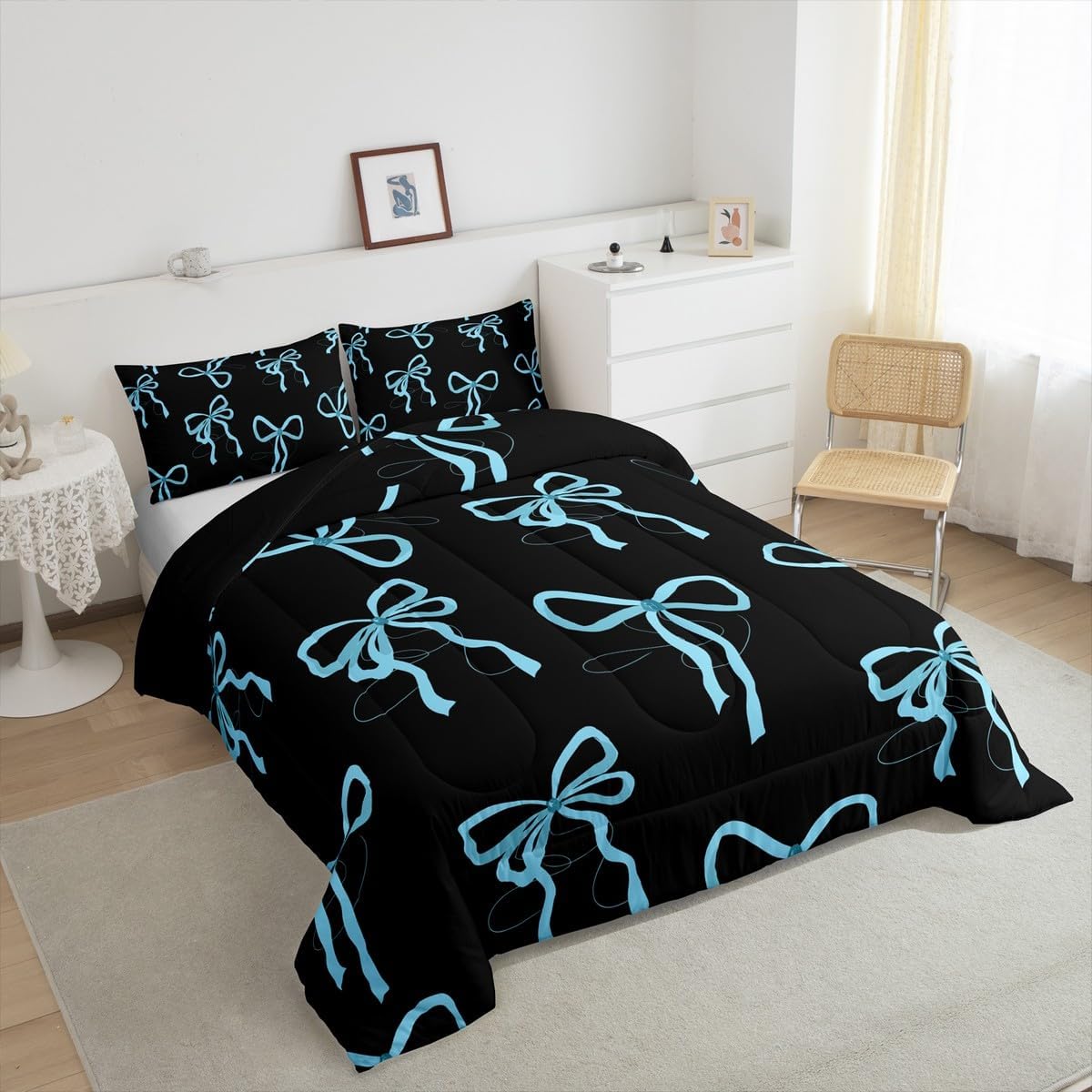 Feelyou Cute Bow Comforter Set Bowknot Print Bedding Set for Kids Boys Girls Princess Style Comforter Black Blue Quilt Set Bedroom Collection 3Pcs Full Size