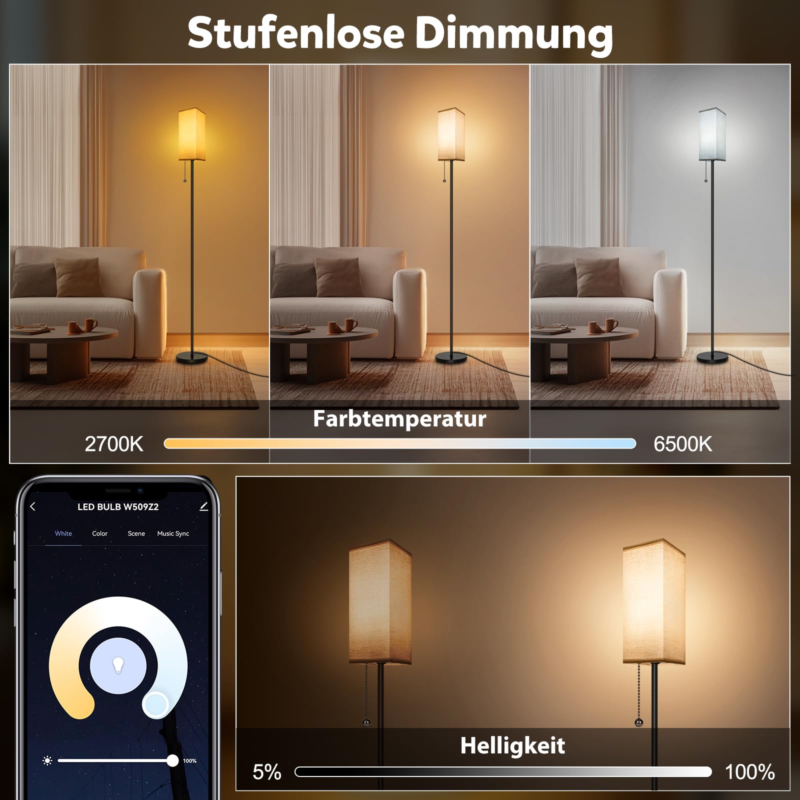 RGBCW WIFI Stehlampe Wohnzimmer,9W E27 Smart LED Stehlampe,2700K-6500K Dimmbar stehlampe,Stehleuchte mit APP,Arbeiten Sie mit Alexa & Google Assistant,DIY-Modus,Musikmodus & Timing-Funktion