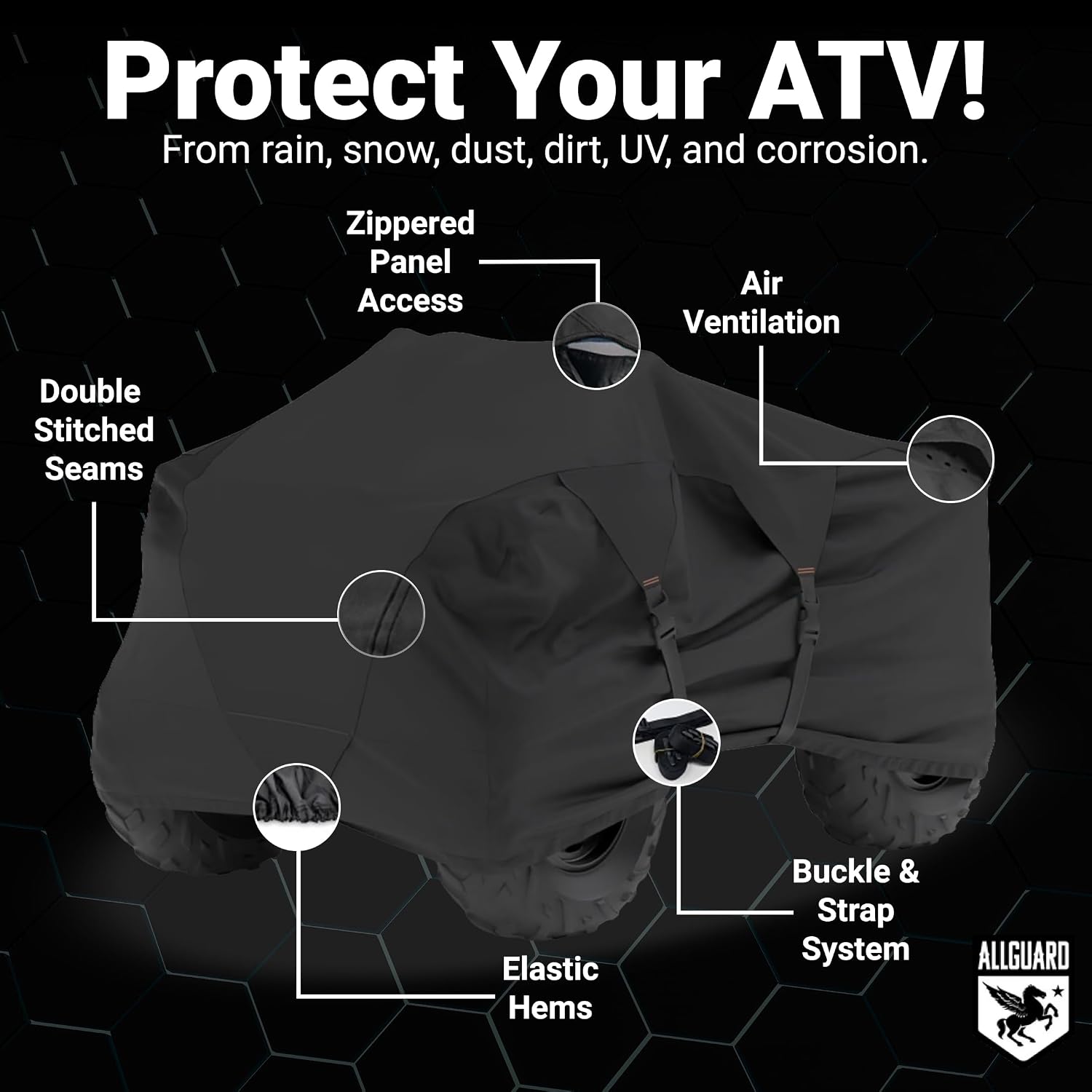 AllGuard Weatherproof Light ATV Cover, High Performance 300D PolyShield Material, Protects from Rain, Snow, Sun, UV & More - Black (Small - Fits Length: Up to 82")