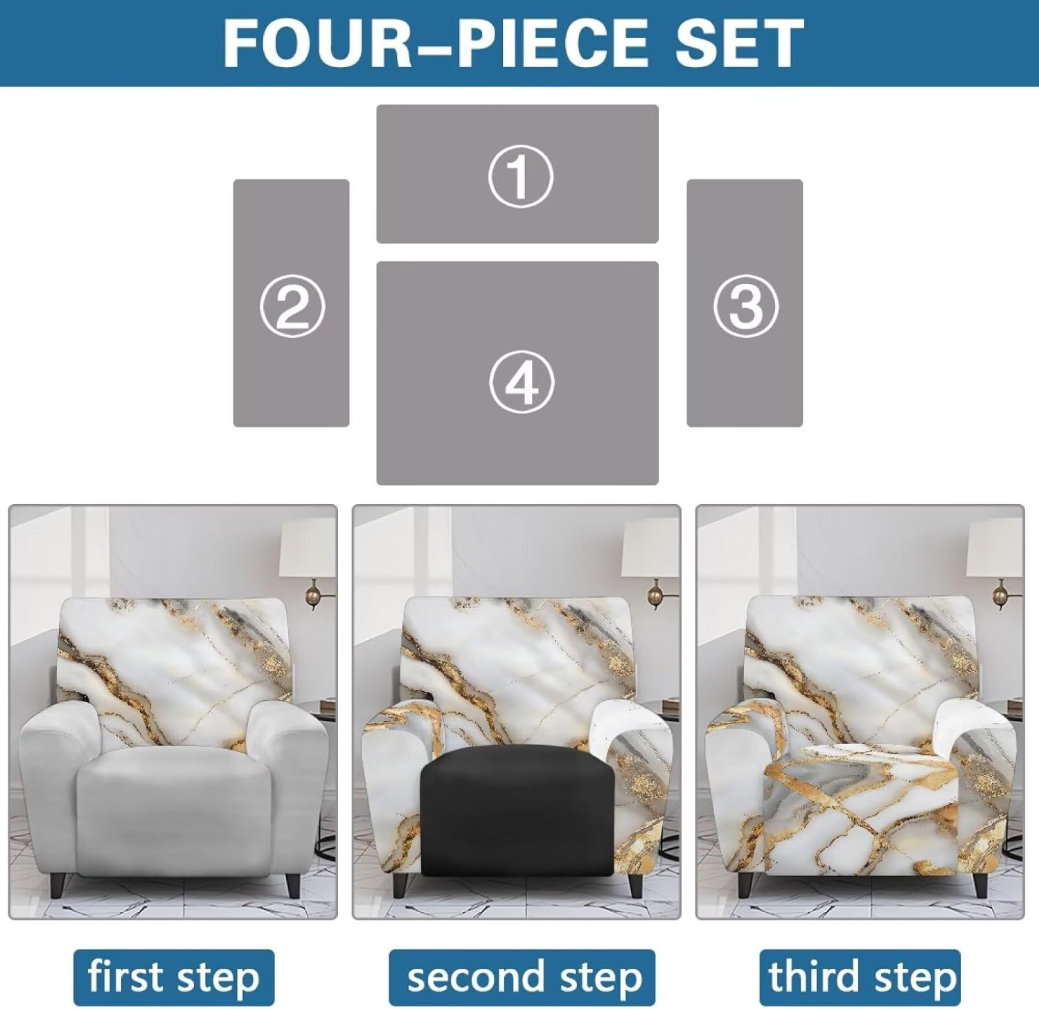 FOR U DESIGNS White Gold Marble Elastic Loops Stretch Recliner Slipcover Living Room Protective Covers for Reclining Chairs Universal Fit Prevents Scratches Home Decor