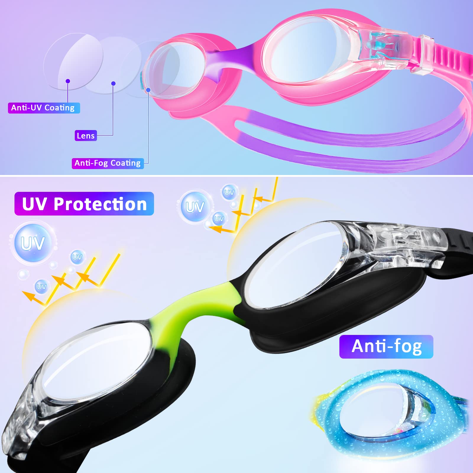 XDX Gafas de natación para niños de 4 a 14 años, paquete de 4 para niños y niñas, antivaho con protección UV