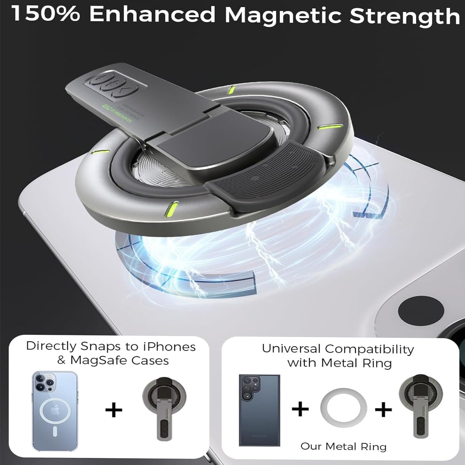 Magnetic Phone Grip for Desk, 3-in-1 360° Swivel Magnetic Finger Ring Holder with Double-Sided Magnet, 360° Rotation Pressure-Relief Cellphone Stand with Rubber Ring for All Phones 4”-8” - Image 2
