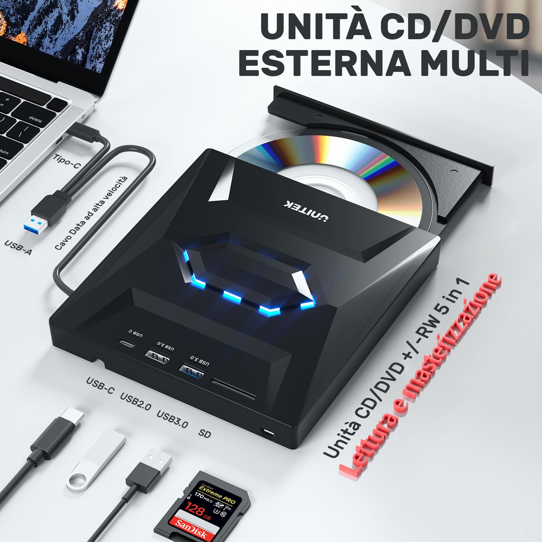 UNITEK Masterizzatore esterno USB 3.0&Type C Unità CD/DVD esterna -/+RW con slot per scheda SD per PC Laptop, Desktop, Portatile, Macbook Pro/Air per Windows 11/10/8.1/7/XP/Vista/Linux/MacOS