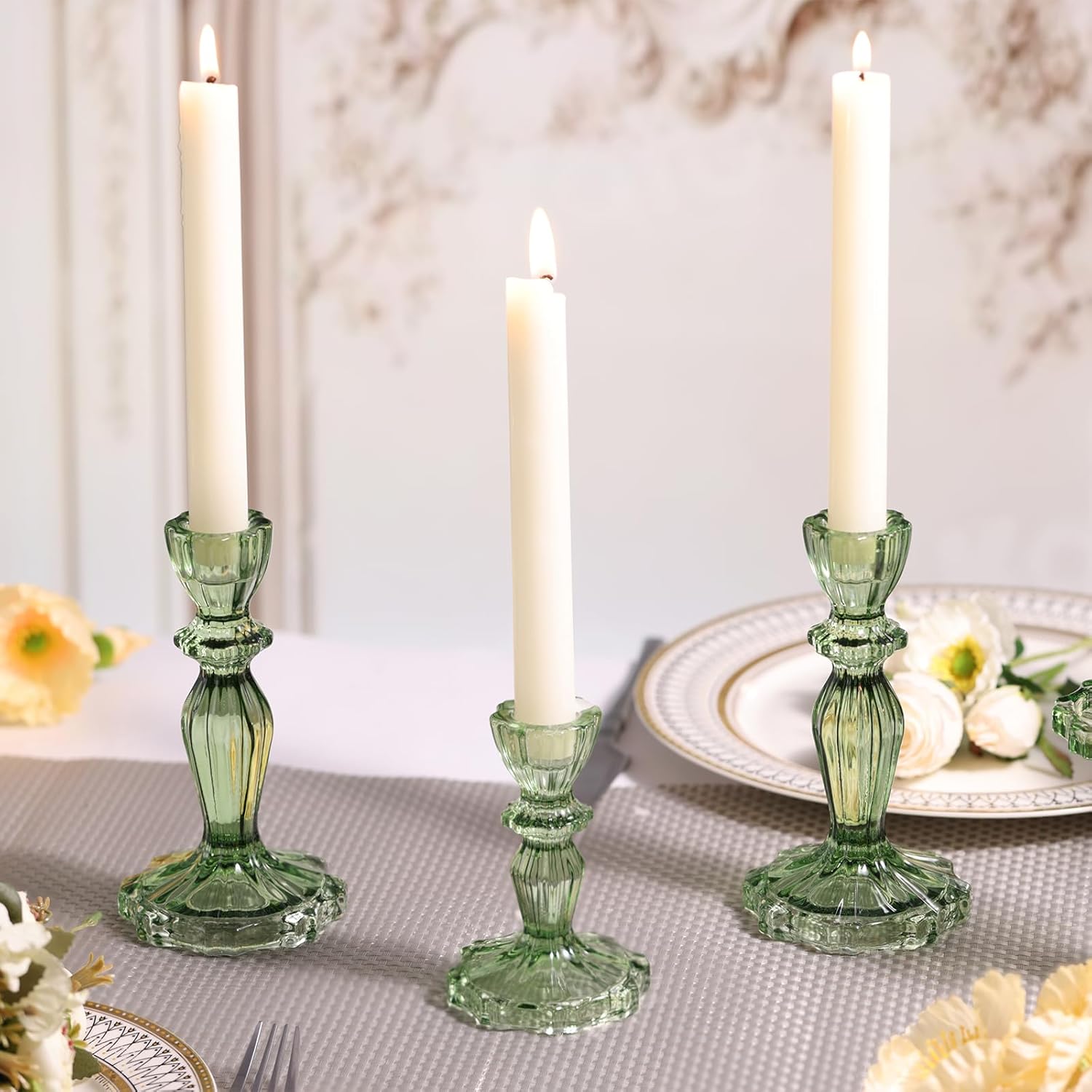 Green Candlestick Holders Set of 6, Taper Candle Holders, 4.3" H & 6.3" H Glass Candle Holder for Candlesticks & Pillar Candles, Candle Holder for Wedding and Dining Table Decor