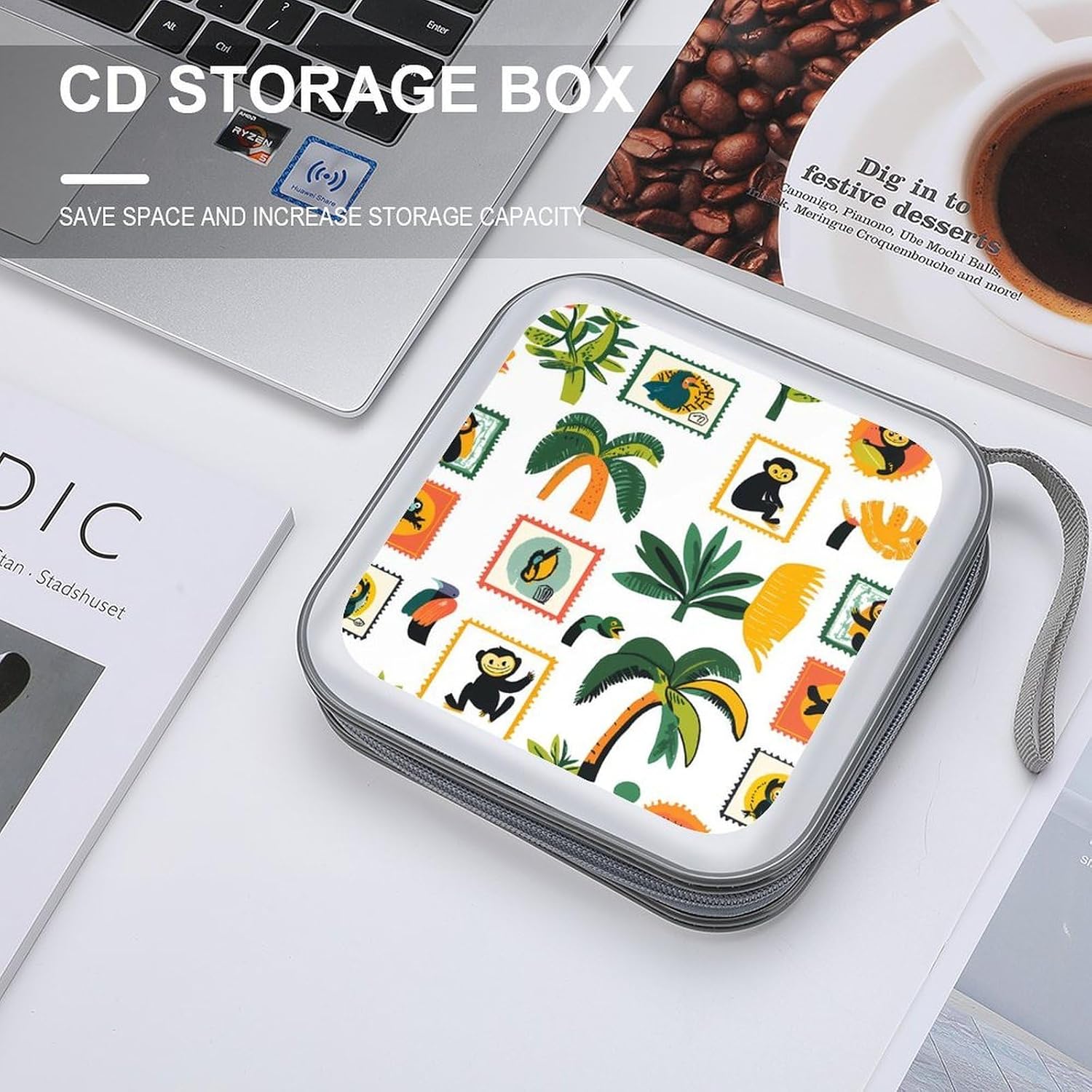 Tropical Monkey Parrot Coconuts Tree Stamp Protective CD Case Storage Rack 40 Capacity DVD Holder Organizer Car Travel