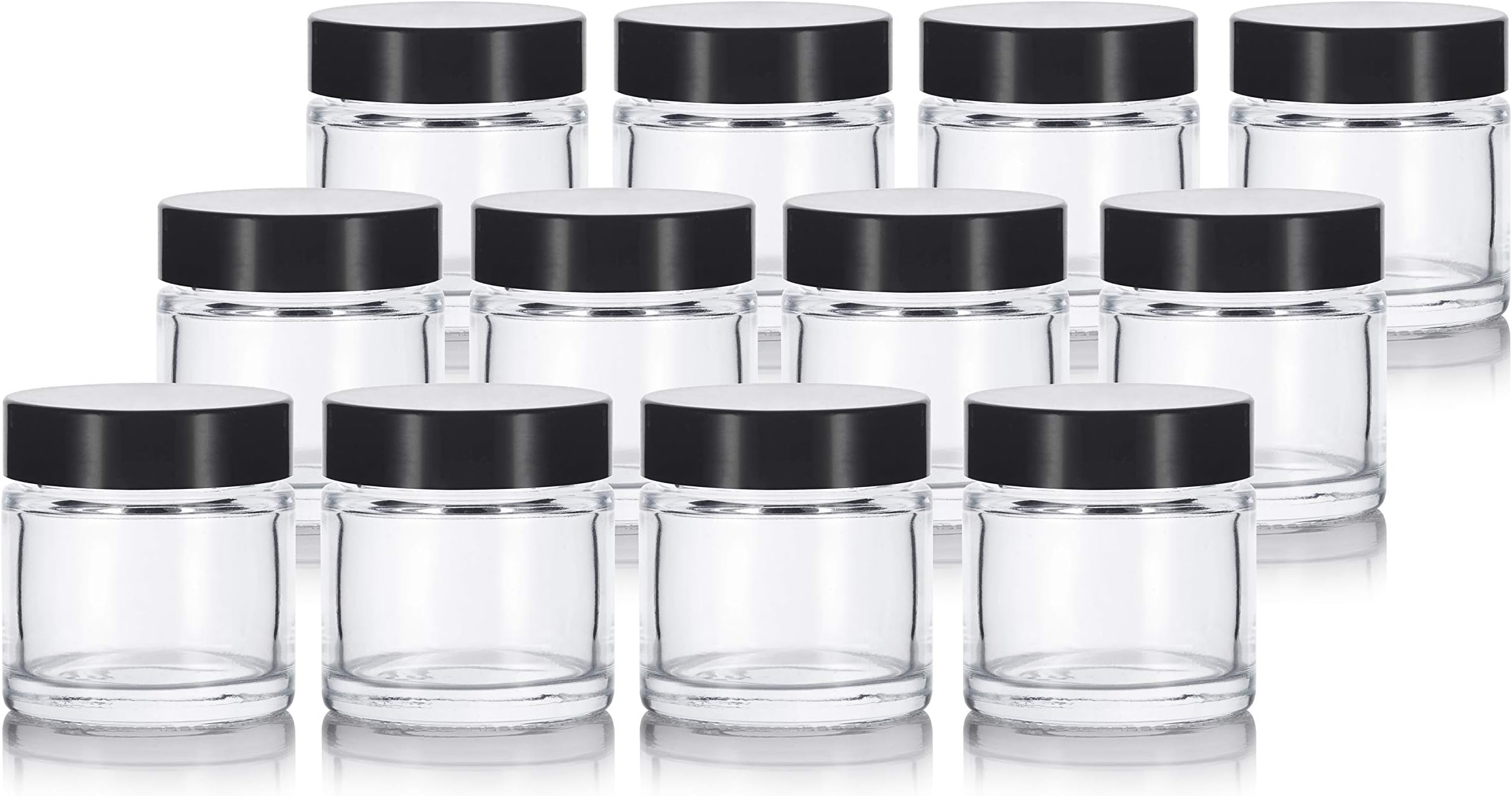1 oz Clear Thick Wall Glass Straight Sided Jar with Black Smooth Lids (12 Pack)