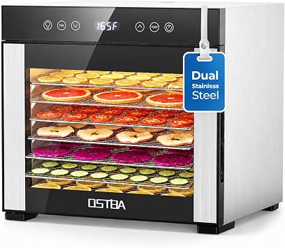 OSTBA Food Dehydrator, 8 Stainless Steel Trays, 95165F Adjustable Temperature, 48h Digital Timer, Double-Layer Food Dryer for Fruit, Vegetable, Jerky, Herb, 650W Home & Commercial Use