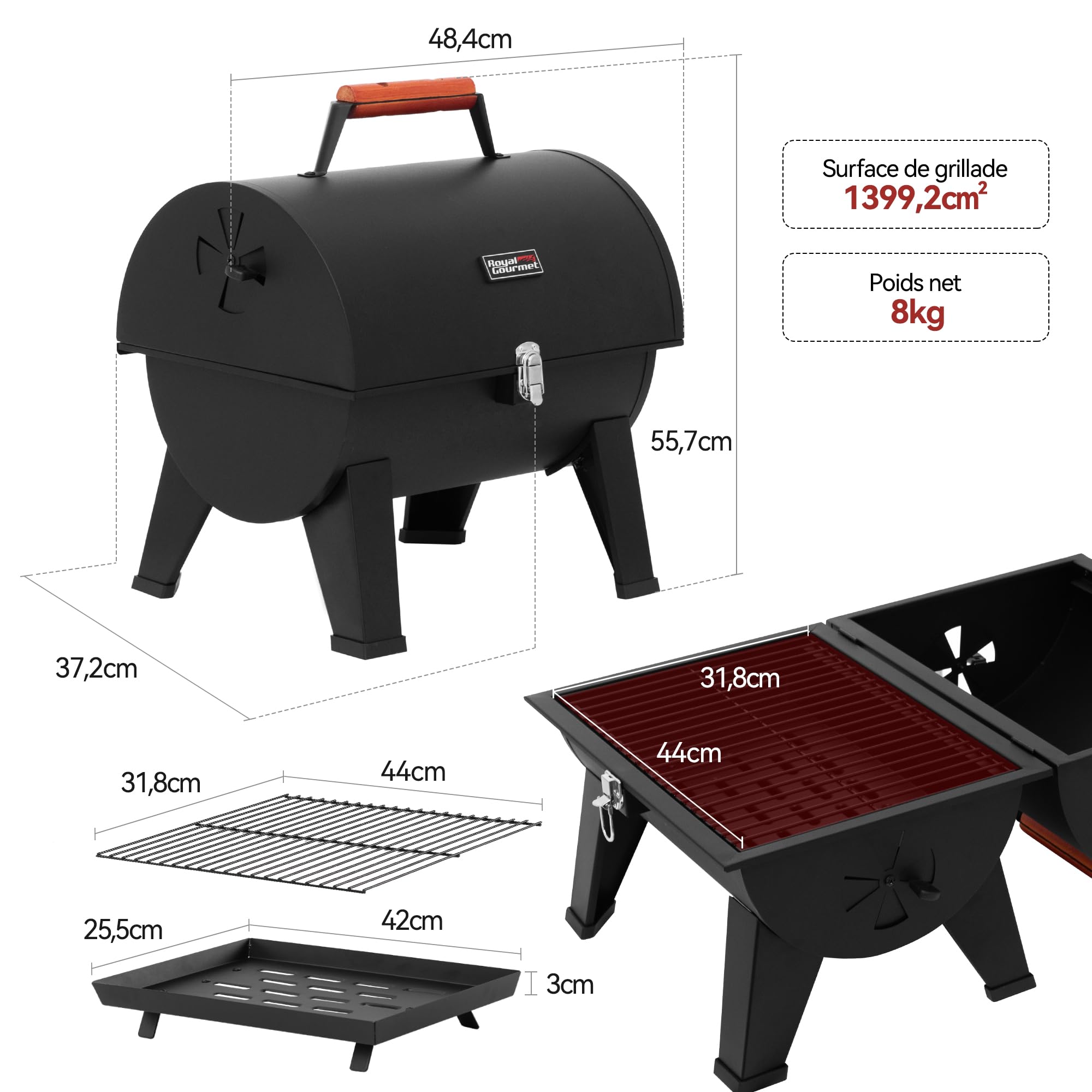 Royal Gourmet Przenośny grill na węgiel drzewny, grill z drutu stalowego na węgiel drzewny emaliowany powierzchnia do pieczenia 44 x 31,8 cm, odpowiedni na kemping i na zewnątrz, czarny