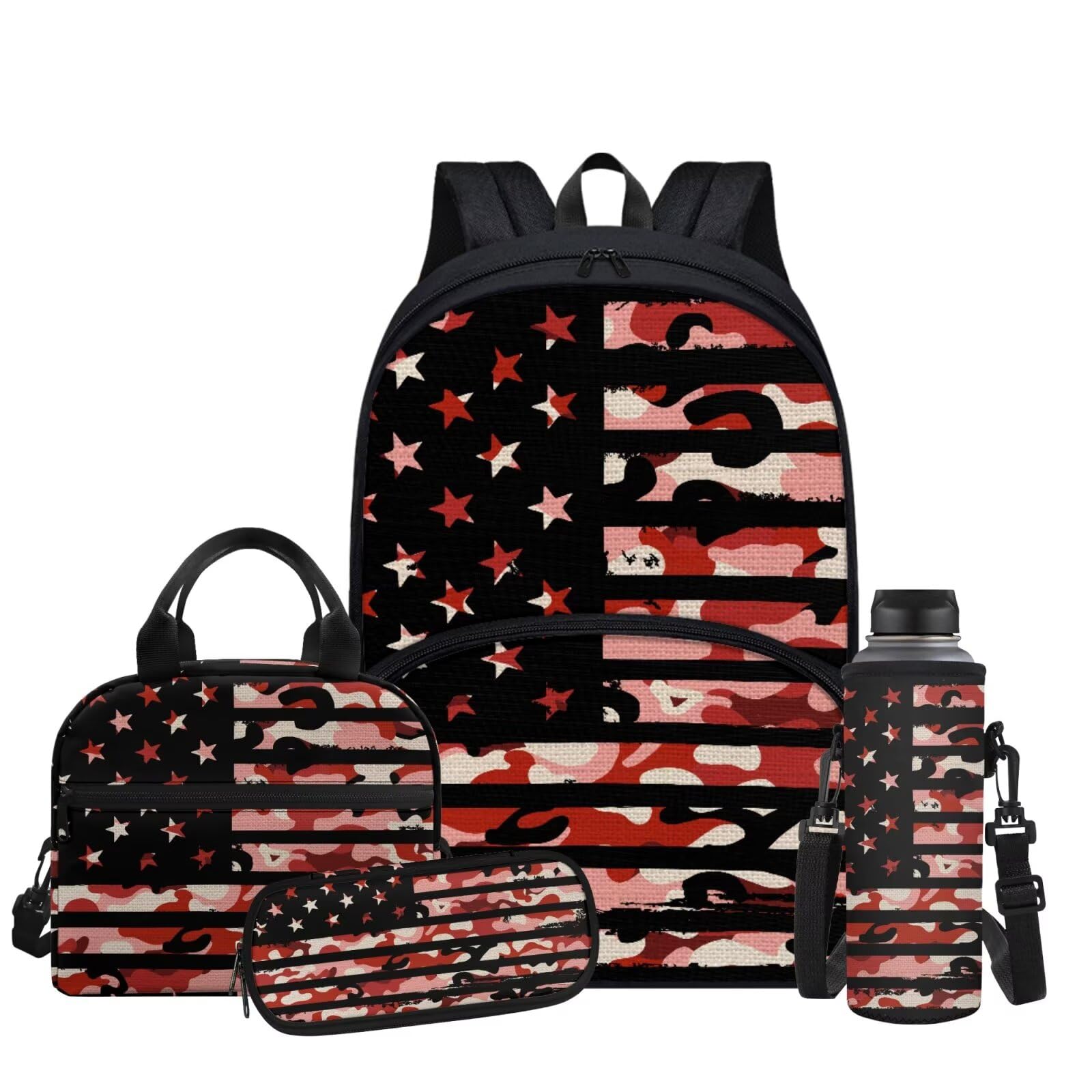 ELEDIZI Camo American Flag Backpack for Boys Girls Backpack with Lunch Box Water Bottle Sling Bag and Big Pencil Case 4Pcs Set 17" Bookbag with Large