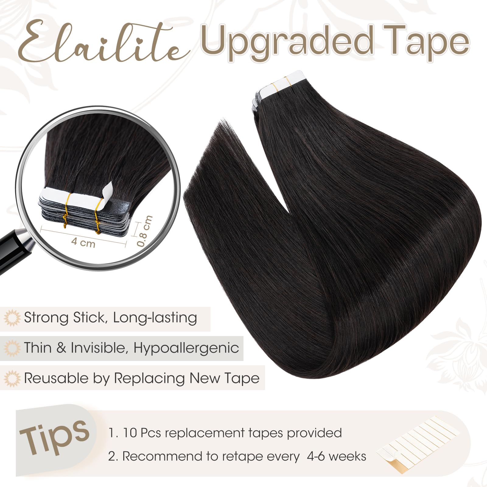 Elailite 20 Pcs Tape Hair Extensions Real Human Hair Black, Thin Type - Image 3