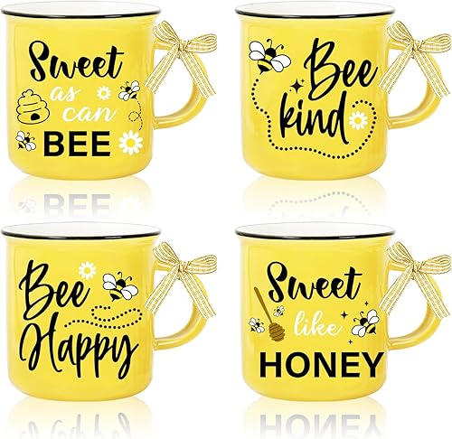 Whaline Mini taza de café de verano con cinta a cuadros de dibujos animados, abeja, margarita, flores, color amarillo, negro, bandeja escalonada