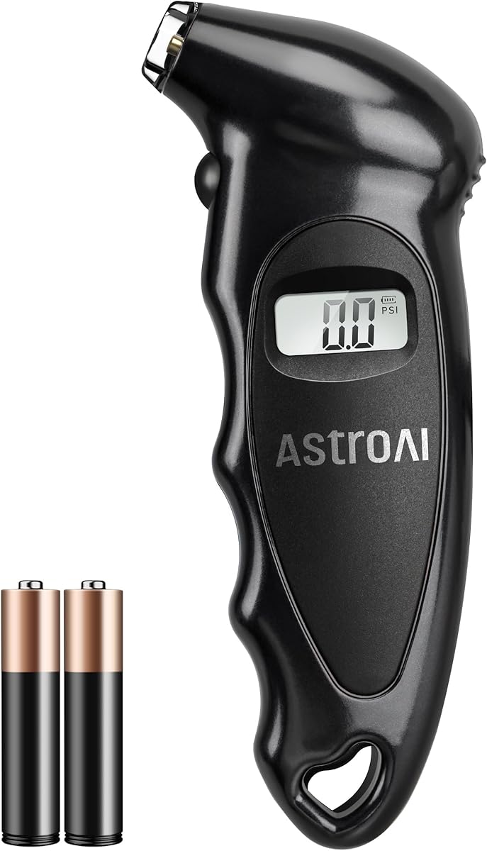 AstroAI Digital Tire Pressure Gauge with Replaceable AAA Batteries, 150 PSI 4 Settings Stocking Stuffers for Car Truck Bicycle Backlit LCD Non-Slip Grip Car Accessories, Black