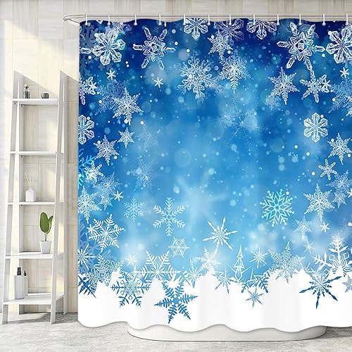Miniatura 6 de NYMB Cortina de ducha de Navidad con copos de nieve, invierno, gris, blanco, para vacaciones, de tela, para baño, decoración con ganchos, 69 x 75