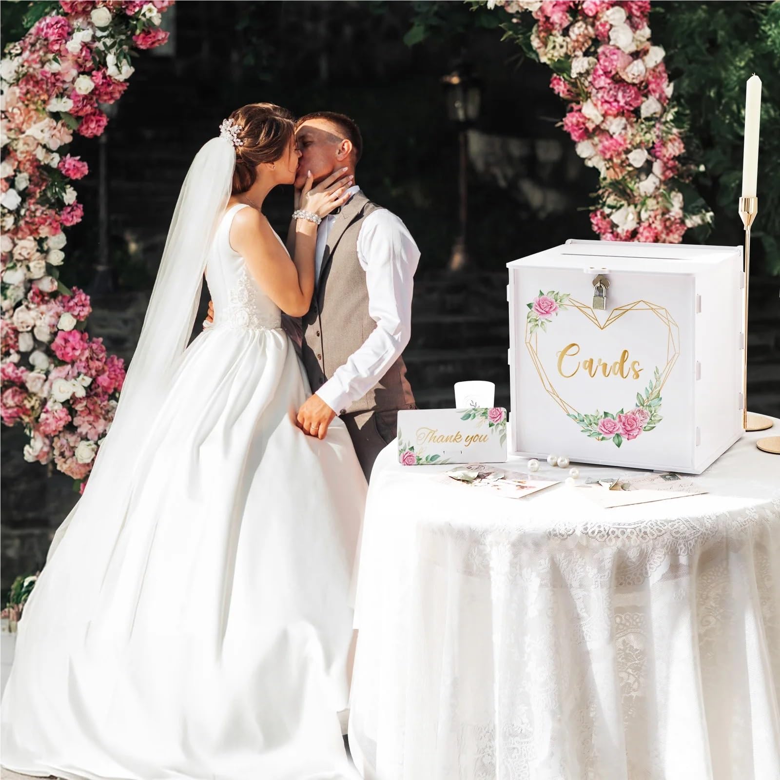 Caja for tarjetas de boda con corona corazón blanca
