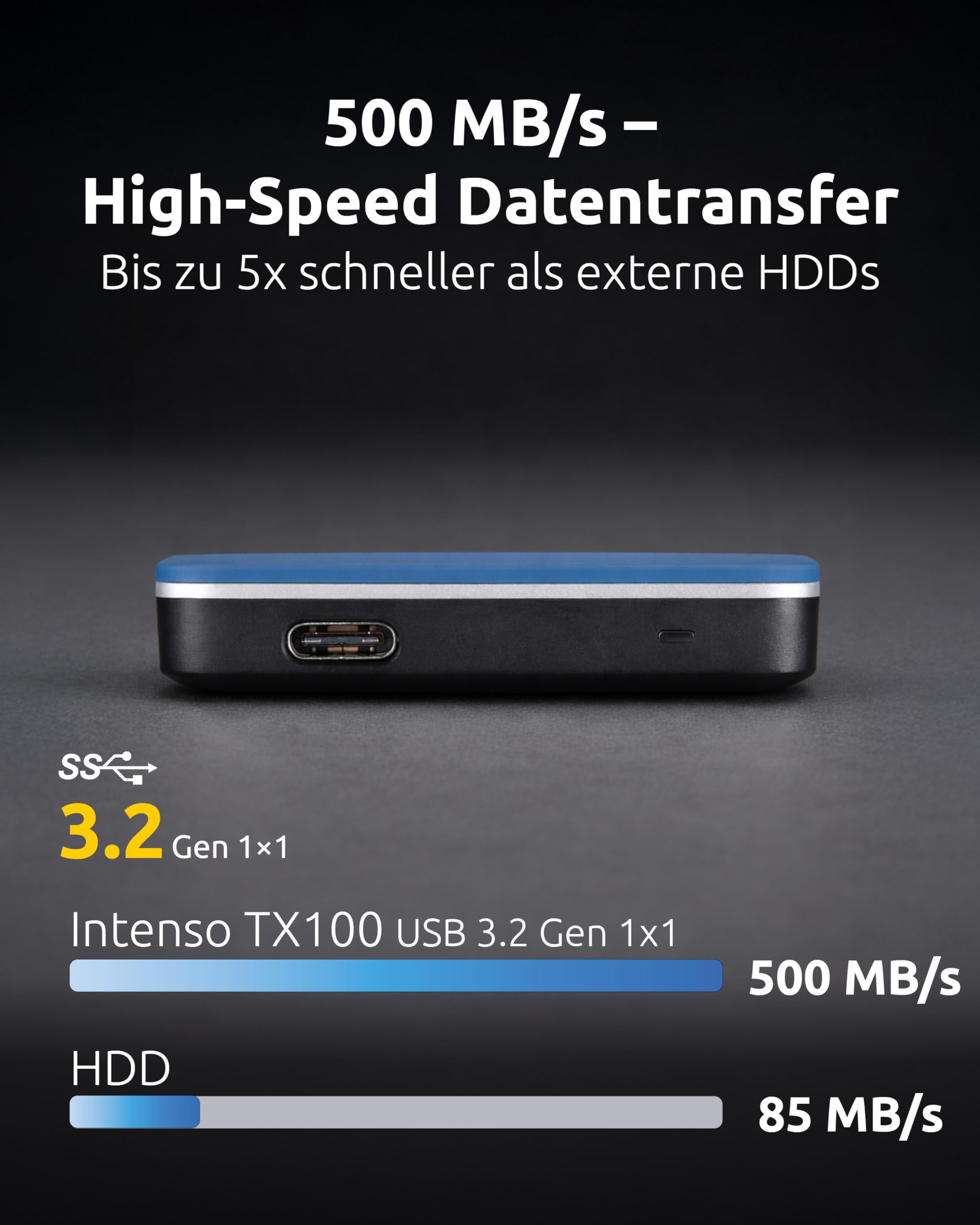 Intenso Externe SSD TX100 500GB – USB 3.2 Gen 1x1 (5 Gbps), bis zu 500 MB/s – schneller Speicher für PC, Laptop, Mac, PS5, PS4 & Xbox – kompakt & stoßfest