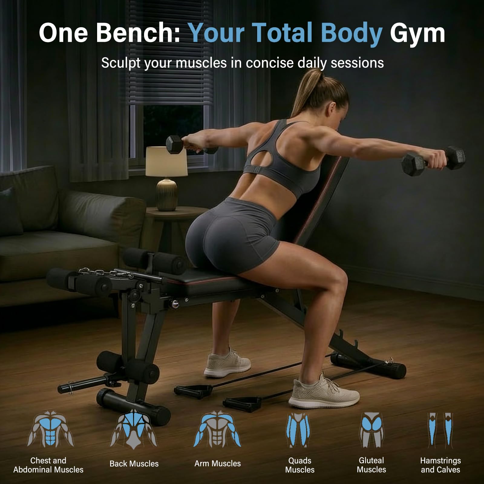 Banco Musculación Plegable para Casa, 200KG Banco de Pesas Ajustable con Extensión de Piernas, Máquina Multifunción Musculación para Gimnasio en Casa