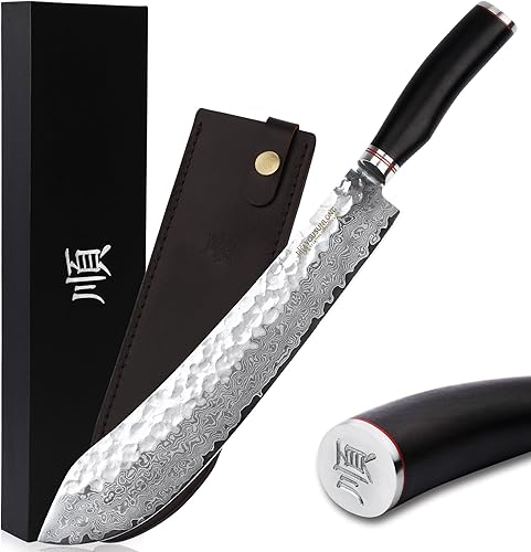 YOUSUNLONG Breaking Knife Max Bull Nose Cuchillo de carnicero japonés de 12 pulgadas, 67 capas de acero de Damasco martillado con mango de madera de