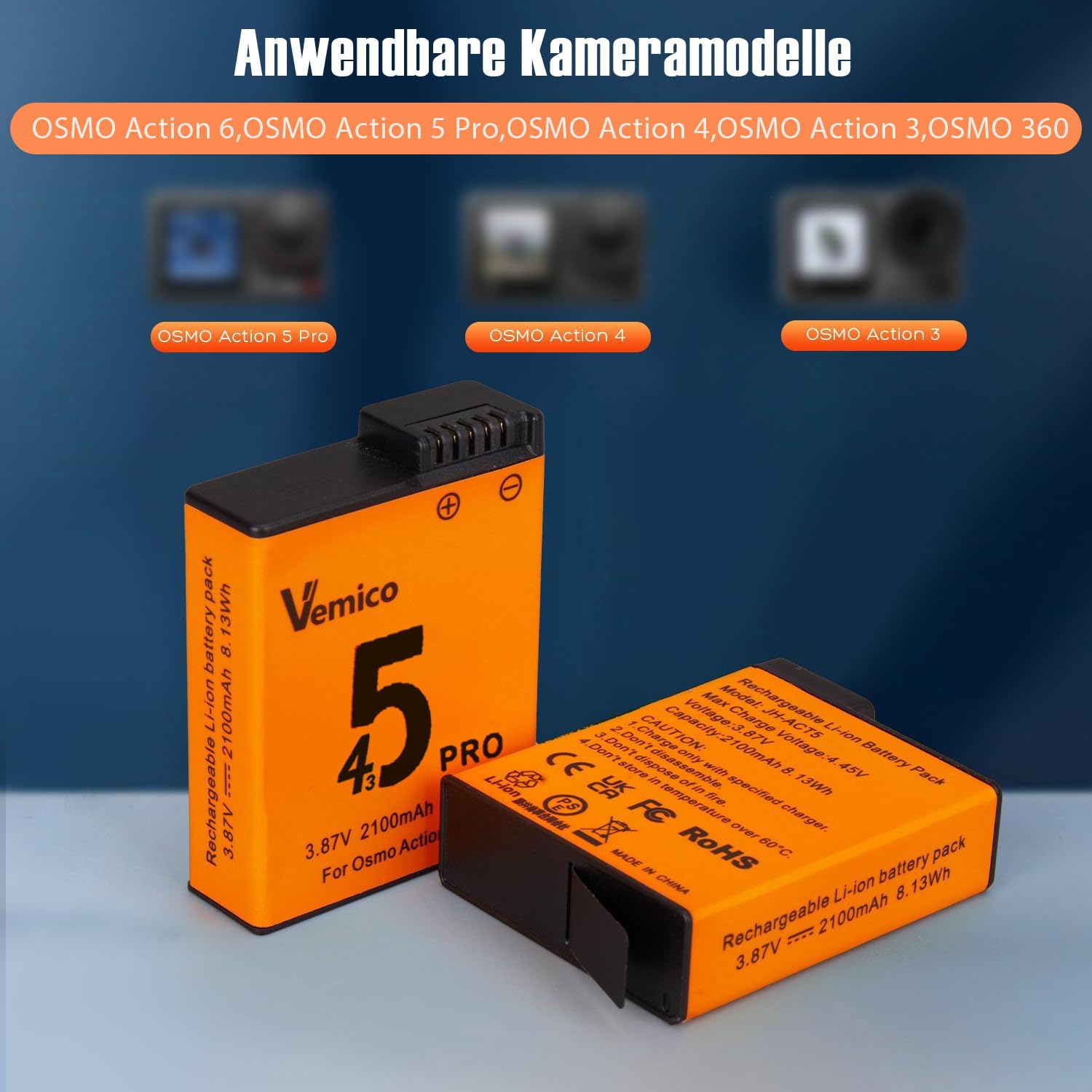 Vemico OSMO Action 6 Akku Ladegerät Set 2X 2100mAh Ersatzakku