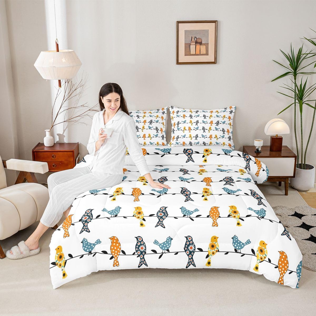 Erosebridal Birds Comforter Set, Twin for Kids Boys Girls Adult Bedroom College Dorm Christmas Decoration,Colorful Floral Animal Bird Print Down Comforter Nature Rural Countryside Style Quilted Duvet