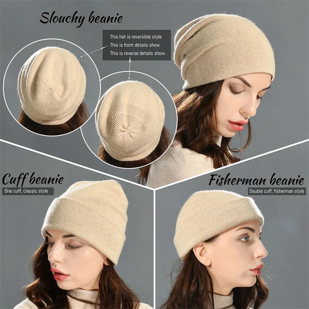 Gorro De Lana Para Mujer, Gorro De Invierno Informal Liso De Doble Capa, Cálido, Gorro De Cachemira