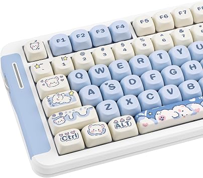 PBT Keycaps, MOA Profile Cute Blue White Keycaps, Kawaii Dye Sublimation Keycap, 132 Keys Keycap Set for Cherry Gateron MX Switches Keyboards Custom Keyboard 60 65 75 100 Percent