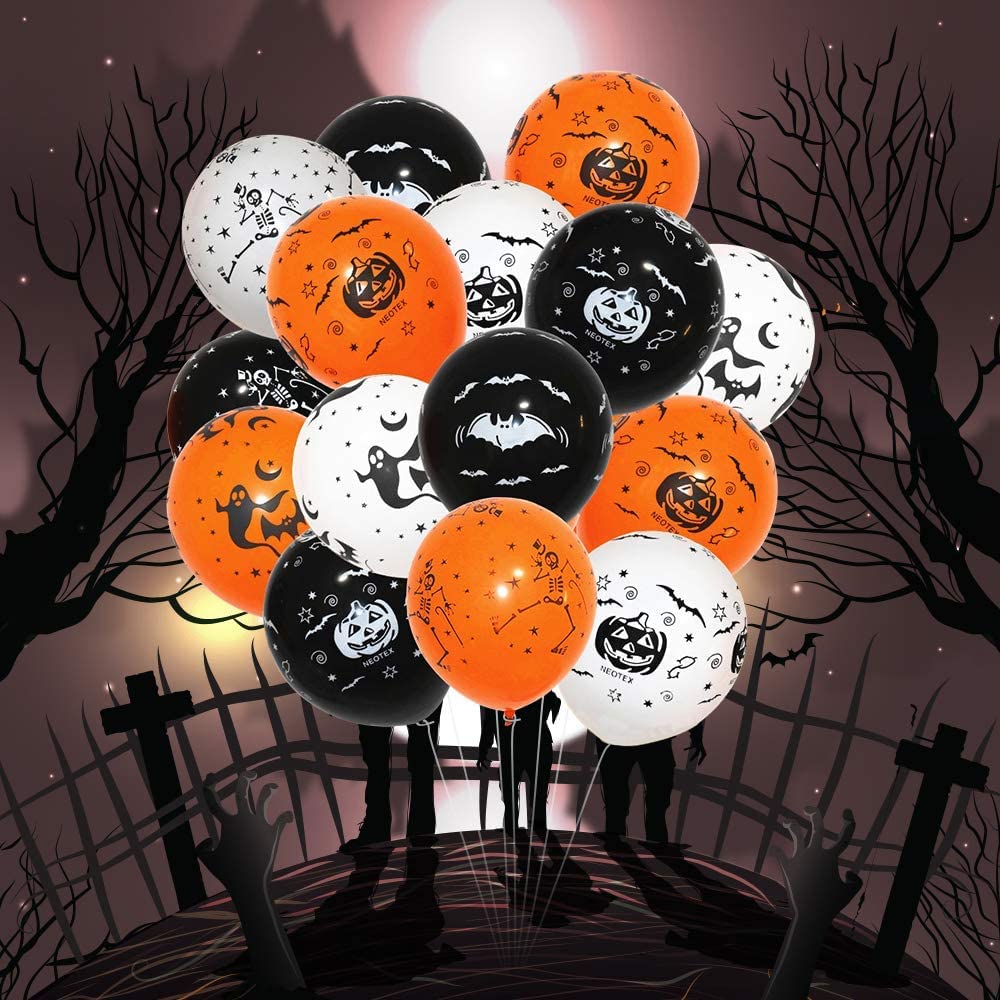 Photo 1 of 100 PCS Halloween Balloons, 12 Inch Thick Latex Printed Balloons for Halloween Party Decorations, Halloween Orange Black white Balloons for Halloween Party Favor Supplies Decorations