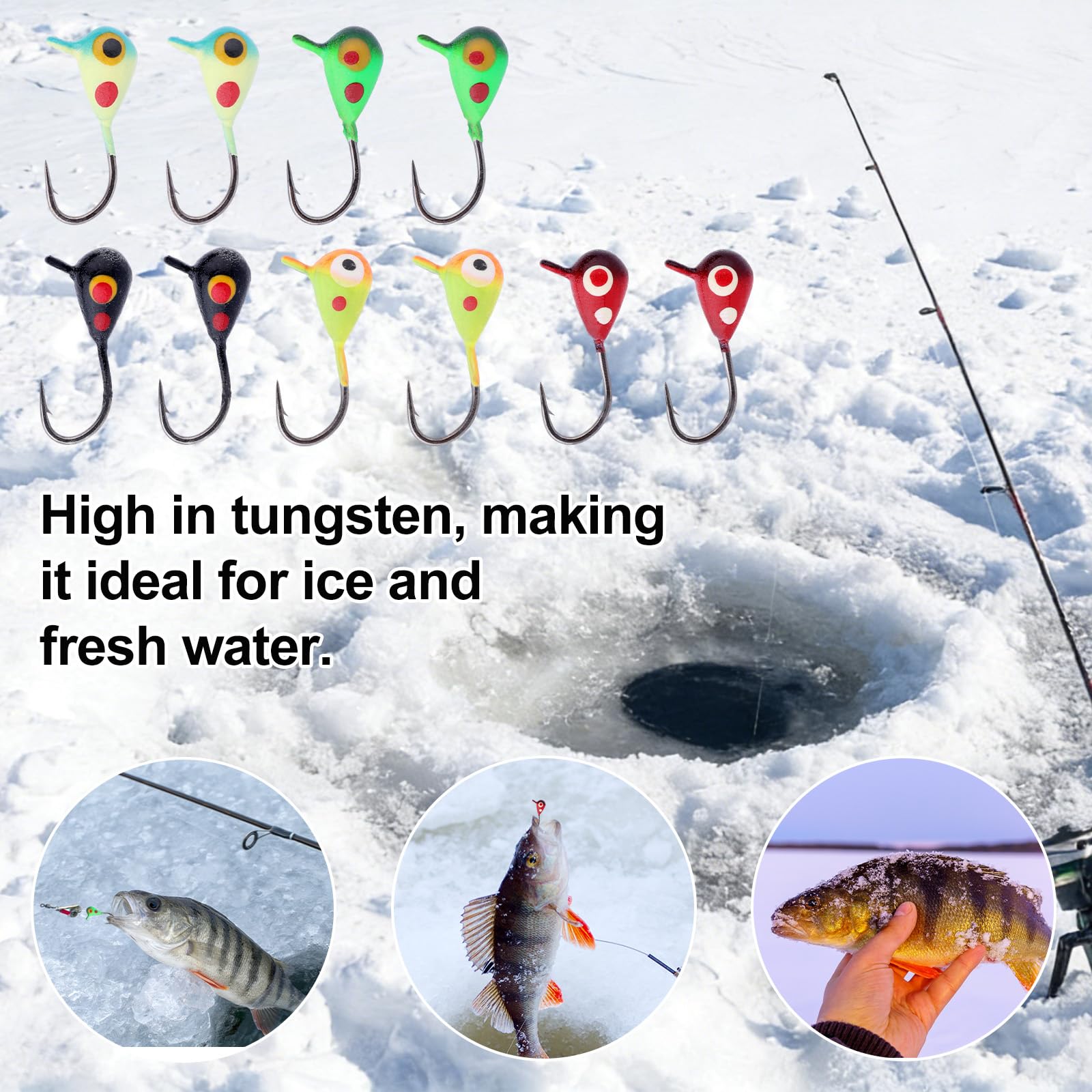 10szt Przynęt Połowu Podlodowego Zestaw, Wolfram w Kształcie Łzy Przynęty do Połowu Podlodowego z Realistycznymi Oczami 3D i Ostrymi Haczykami do Crappie Bluegill Walleye i Okoni Słonecznych