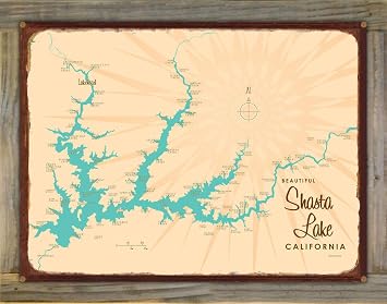 Lakebound Shasta Lake California Retro Steel Metal, with Oxidized Border and Mounted on Real Reclaimed Barn Wood, Wall Art Map Poster 18" x 24. Distinctive Wall Decoration for Home, Cabin, or Office
