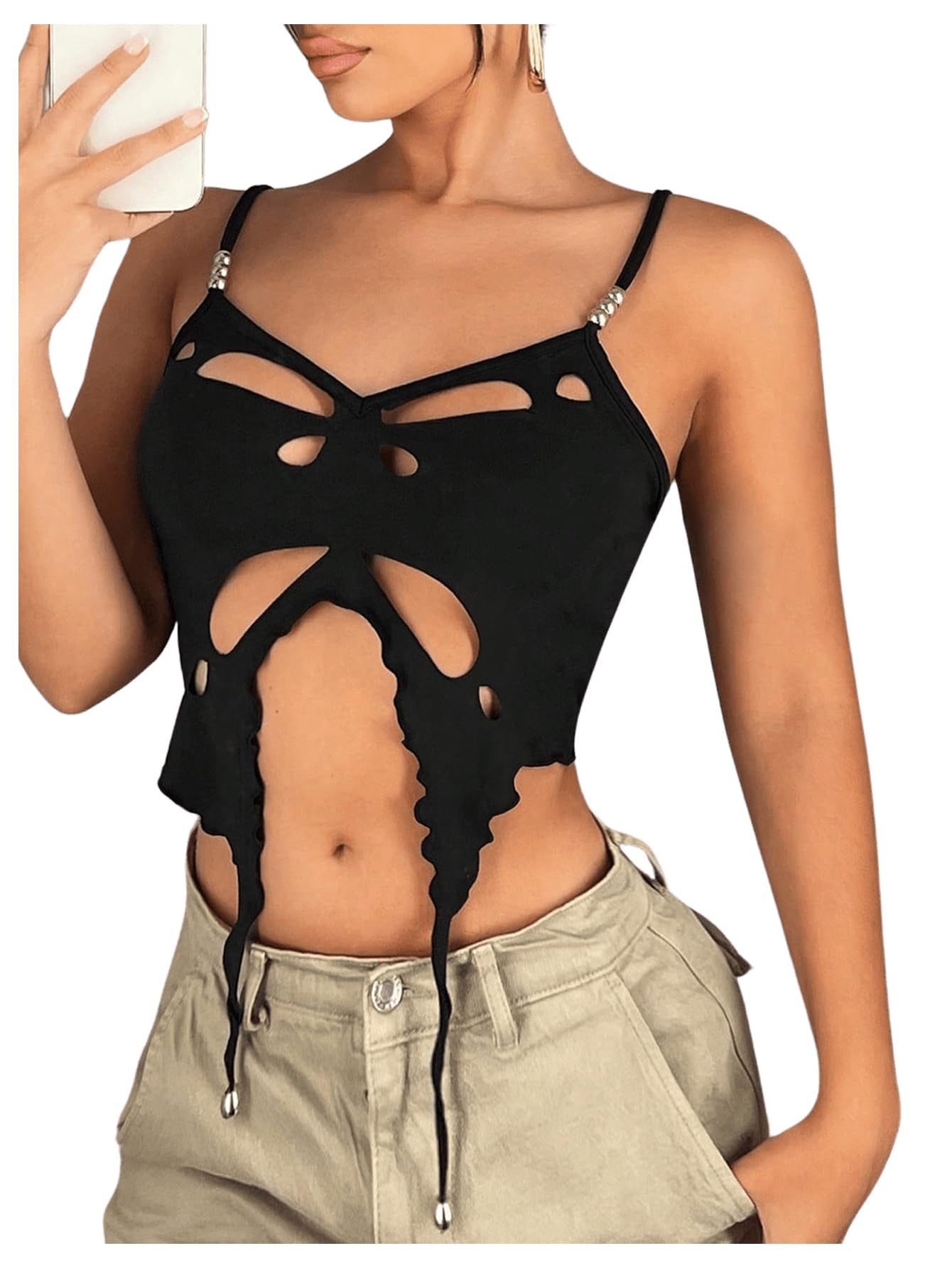 Verdusa Women's Sleeveless Crop Top Cut Out Asymmetrical Hem Slim Fit Cami Top