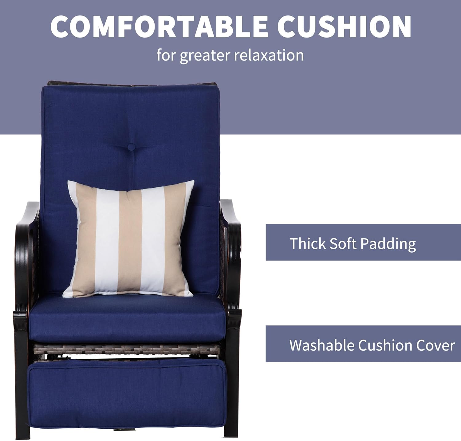 Outsunny Outdoor Recliner Chair with Cushion, Rust-Resistant Aluminum Frames PE Wicker Patio Lounge Chaise Chair with Adjustable Reclining Backrest and Footrest, Pillow, Dark Blue