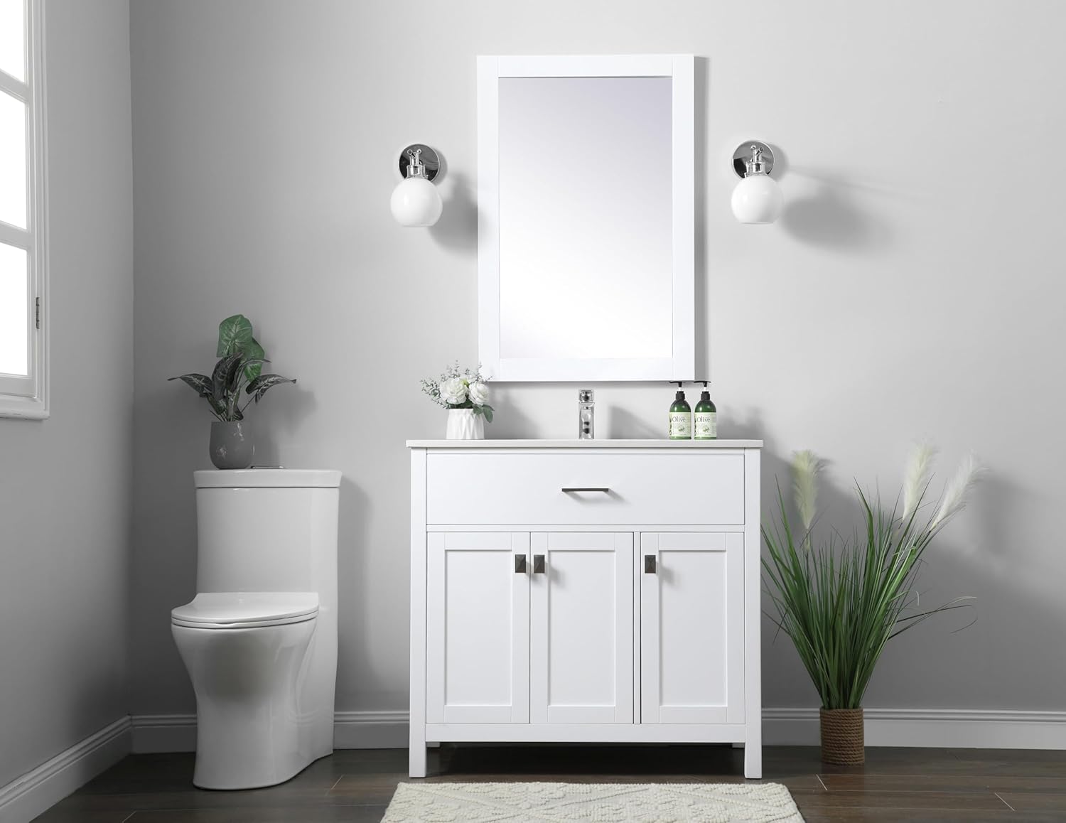 36 Single Bathroom Vanity, with Engineered Marble Top Soft-Close, White