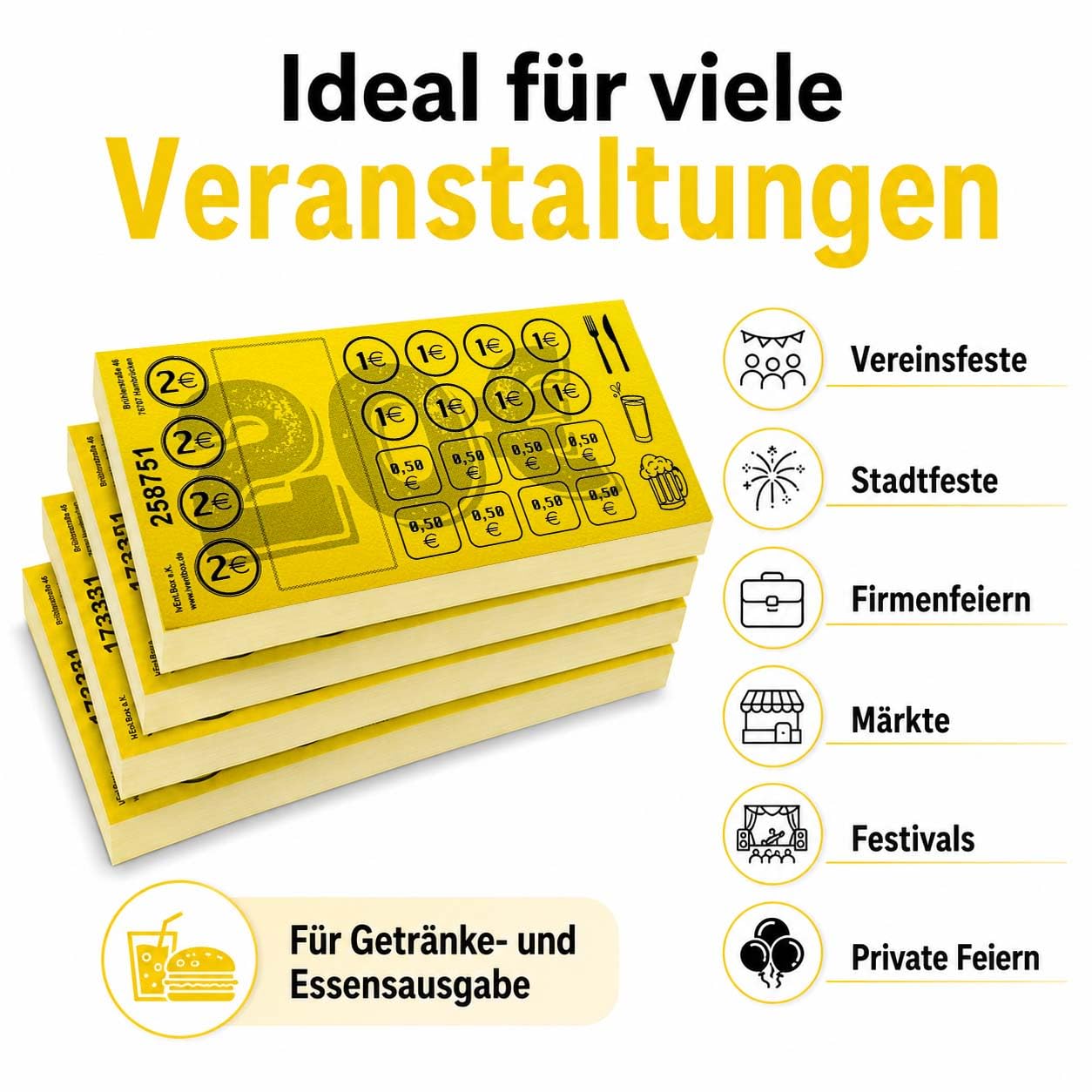 Étiquettes de valeur 20 € Cartes de consommation à effacer – 250 ou 500 feuilles, 5 ou 10 blocs de 50 feuilles, valeur totale 5 000 € ou 10 000 €, numérotés en continu, avec champ libre (jaune, 250)