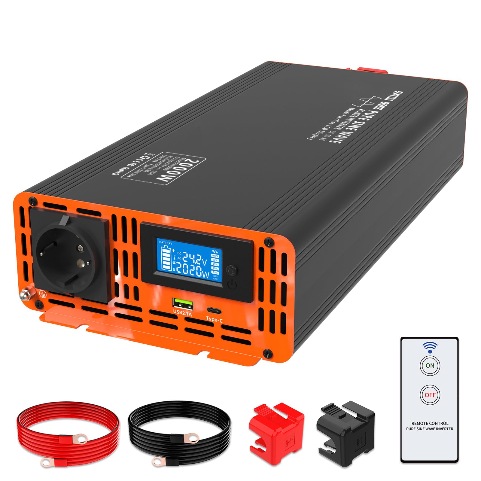 DATOUBOSS Inverter 24v 220v/230v Onda Pura 2000W/4000W, Inverter Onda Pura 2000W, Convertitore 24v 220v 2000w con LCD Display & Type-C e 1 presa AC e 1 Porta USB per Auto,Camion, Camper