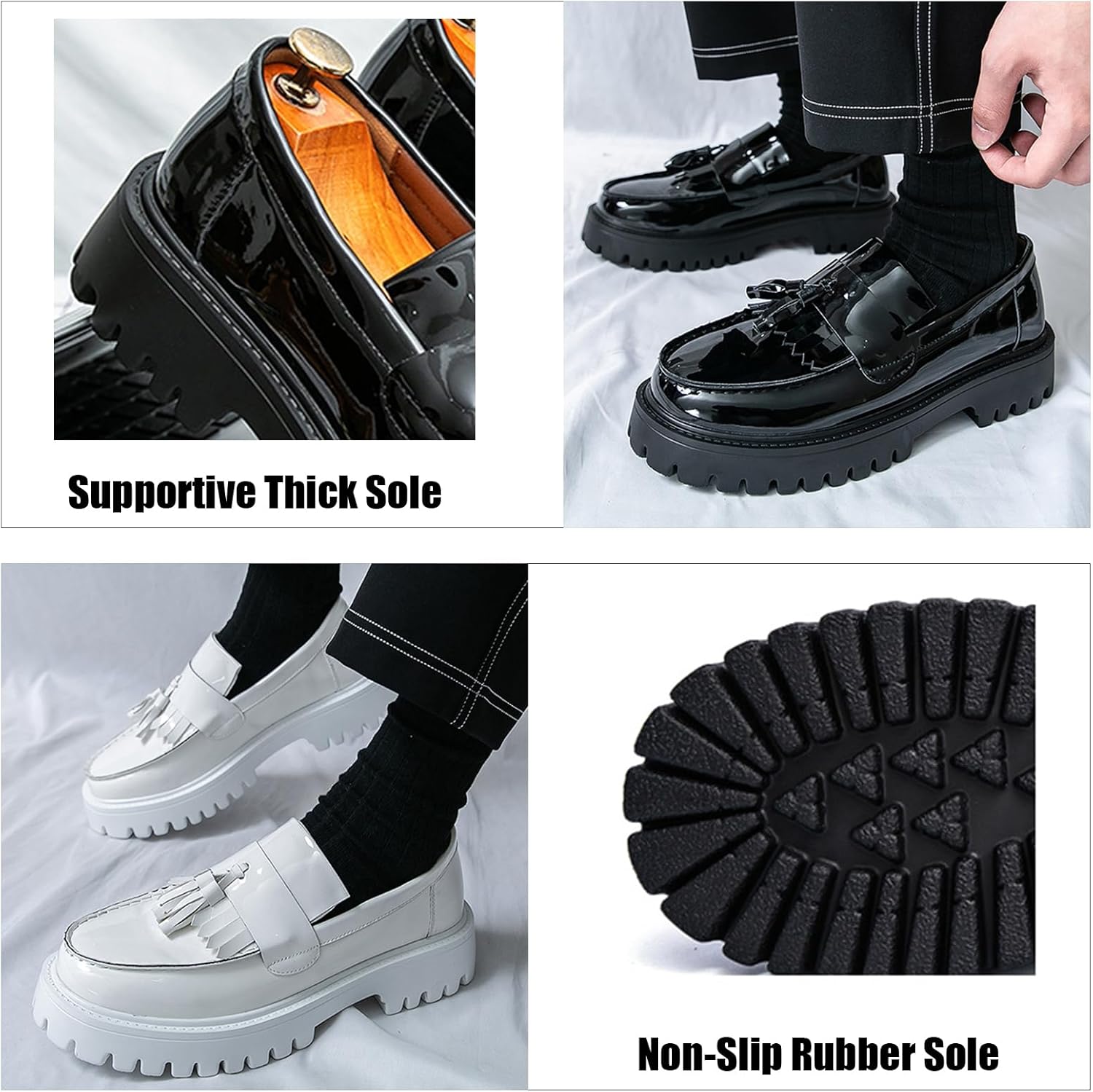CSLIEHSH Tassel Loafers for Men's Patent Leather Platform Dress Shoes Chunky Block Heel Heighten Non-Slip Lug Sole Slip On Big Toe Formal Business Loafers for Wedding Party