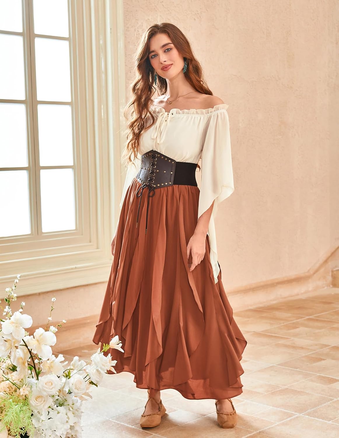 Scarlet Darkness Women Renaissance Shirt Off Shoulder Bell Sleeve Smocked Waist Tops Blouse - Image 5