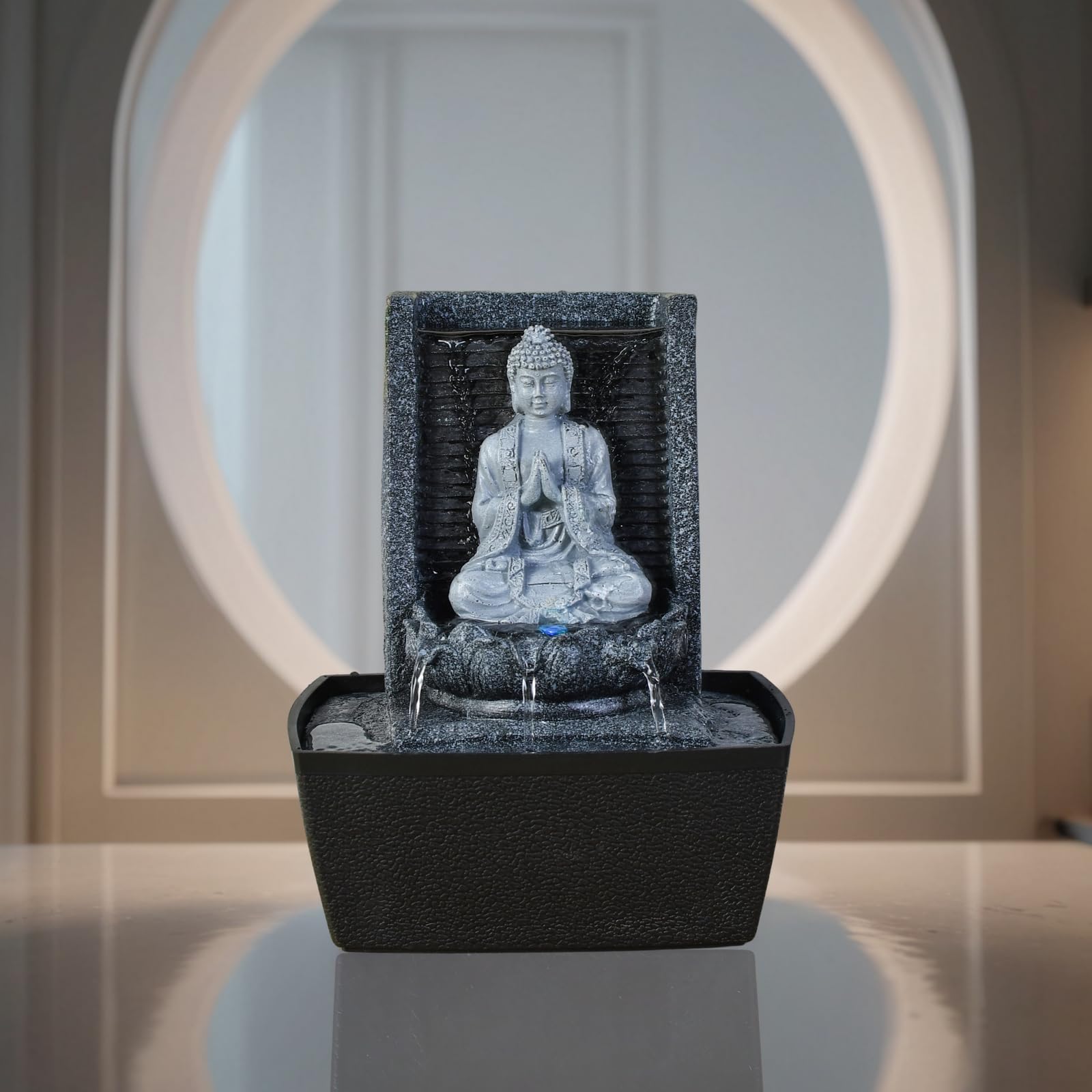 Zen'Light - Zimmerbrunnen Nirvana - Wasserfall mit Buddha & Weißer LED-Beleuchtung - Moderne Zen Deko, Ideal für Meditation & Entspannung - Feng Shui - H 26cm, Grau