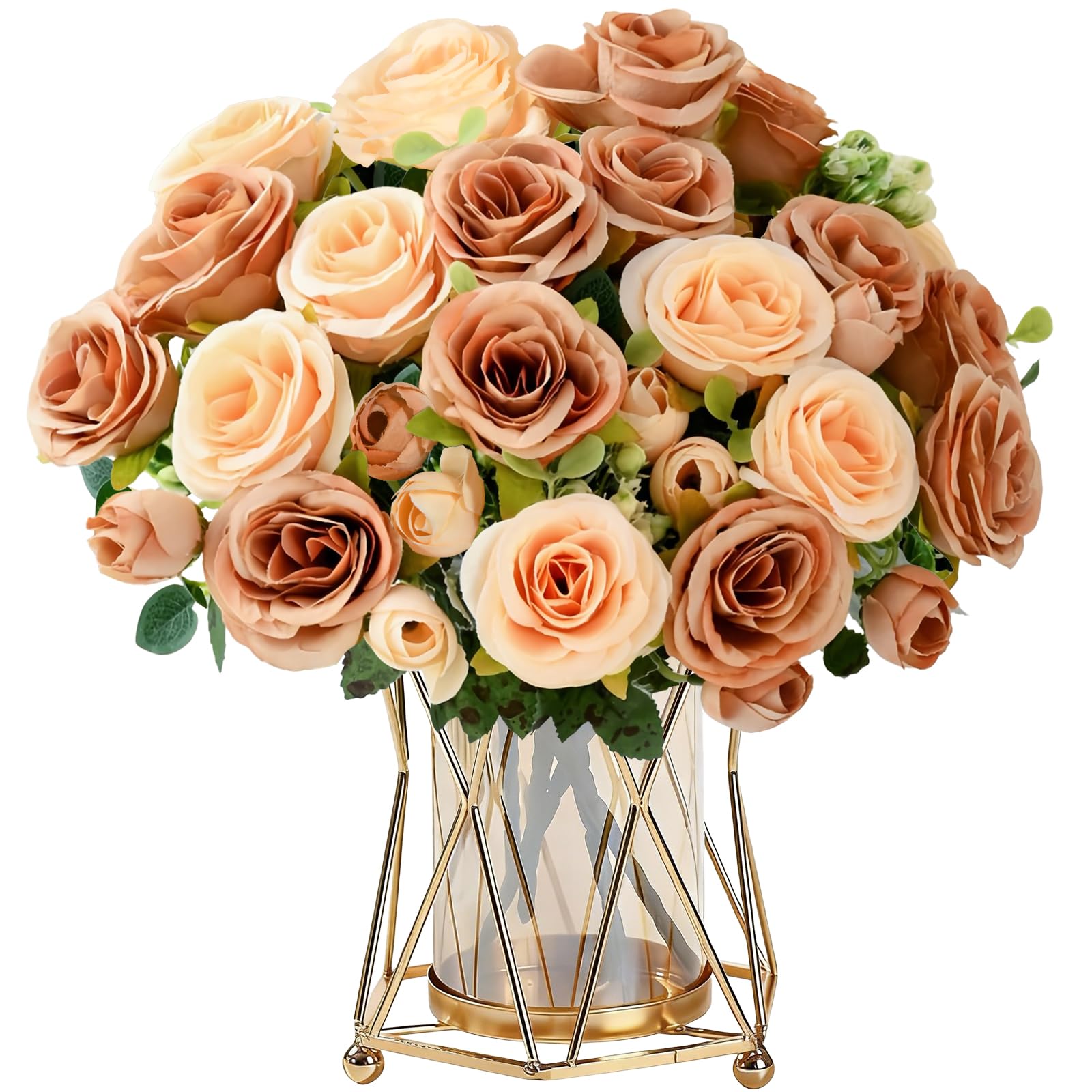 4 Bunches Rose Artificial Flowers Champange Fake Roses Bouquet Valentine's Day Artificial Rose Flowers Bouquet Faux Rose Bridal Bouquets for Wedding Party Home Table Decoration Centerpieces
