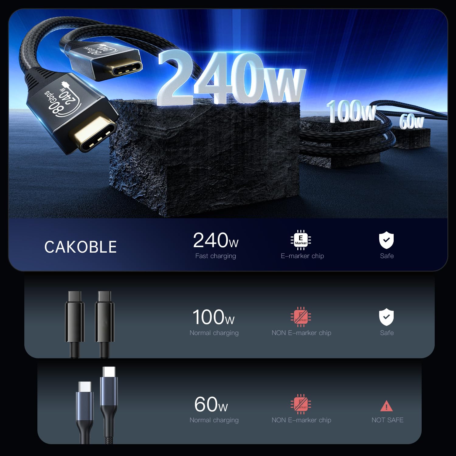 CAKOBLE Thunderbolt 5 kabel 3 m, 80 Gb/s, transmisja wideo 16K/ 8K, 240 W, kabel do ładowania USB 5, kompatybilny z Thunderbolt 4, Thunderbolt 3 USB 4 do koncentratora, stacji dokującej, M3, SSD,
