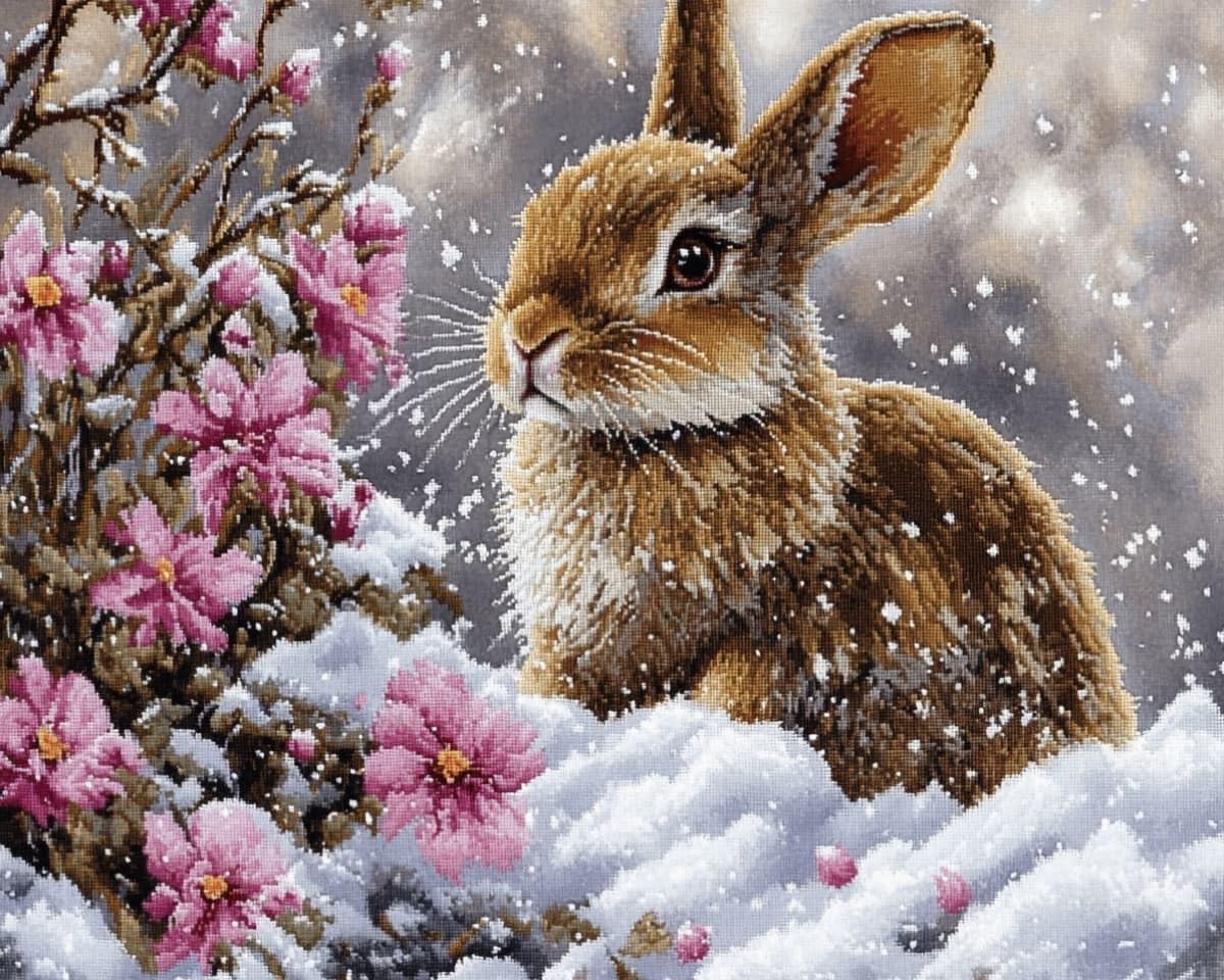 AxiangziK Cross Stitch Kits for Adults 16x20 Inch,Rabbits and Flowers in the Snow 11CT Counted Printed Cross Stitch Kits,Stamped Embroidery for Adults Wall Art Home Decoration 40x50cm