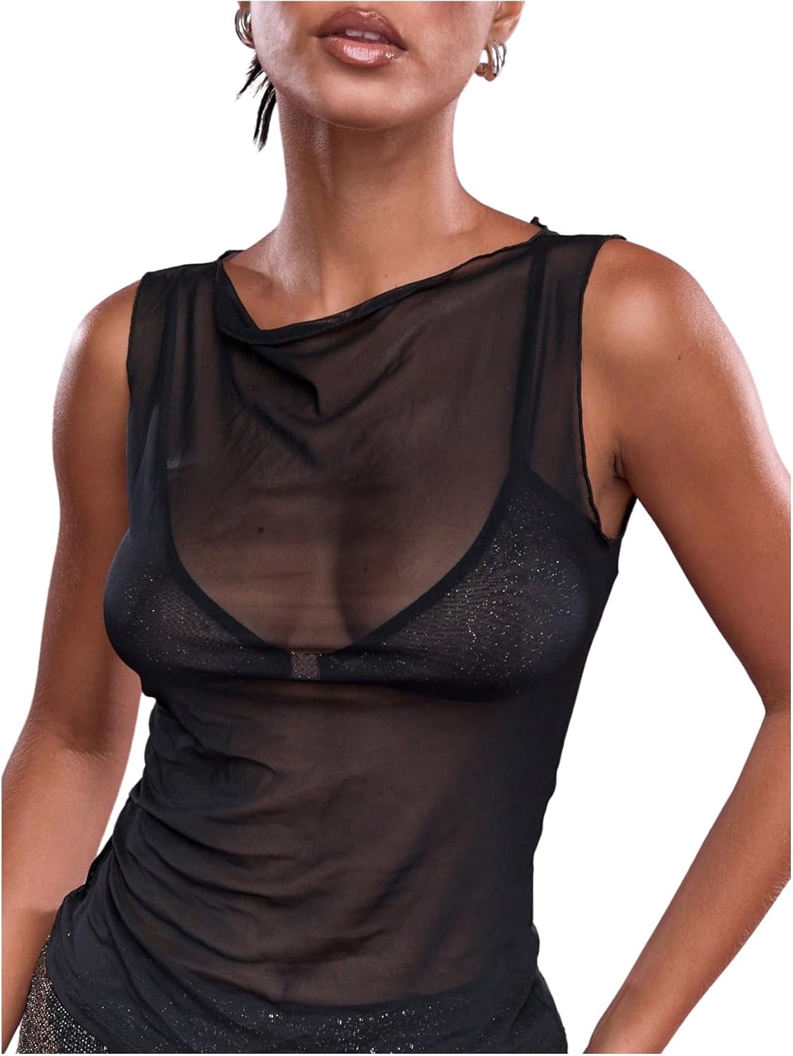 Women's Sheer Mesh Tank Top Sleeveless Slim Fit Fitted Summer Shirts Going Out Tops