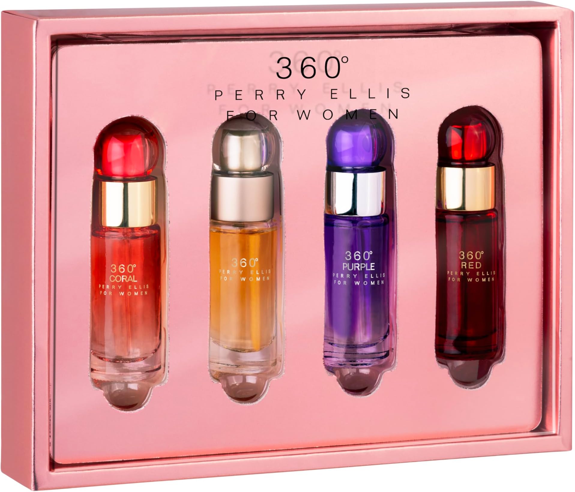 360° Women mini gift set - 4-pack of .25 fl oz EDP travel sprays (360° Women, 360° Coral, 360° Purple, 360° Red)