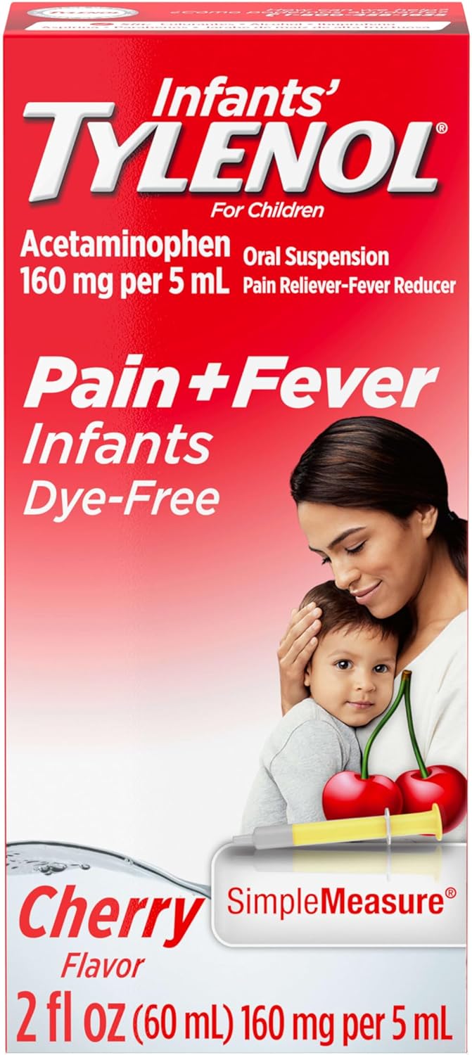 Tylenol Infants Oral Suspension with 160 mg Acetaminophen, Pain and Fever Relief for Sore Throat, Headache, and Toothache Liquid Medicine for Kids, Dye-Free, Cherry Flavor, 2 FL OZ Tylenol Infants Oral Suspension with 160 mg Acetaminophen, Pain and Fever Relief for Sore Throat, Headache, and Toothache Liquid Medicine for Kids, Dye-Free, Cherry Flavor, 2 FL OZ