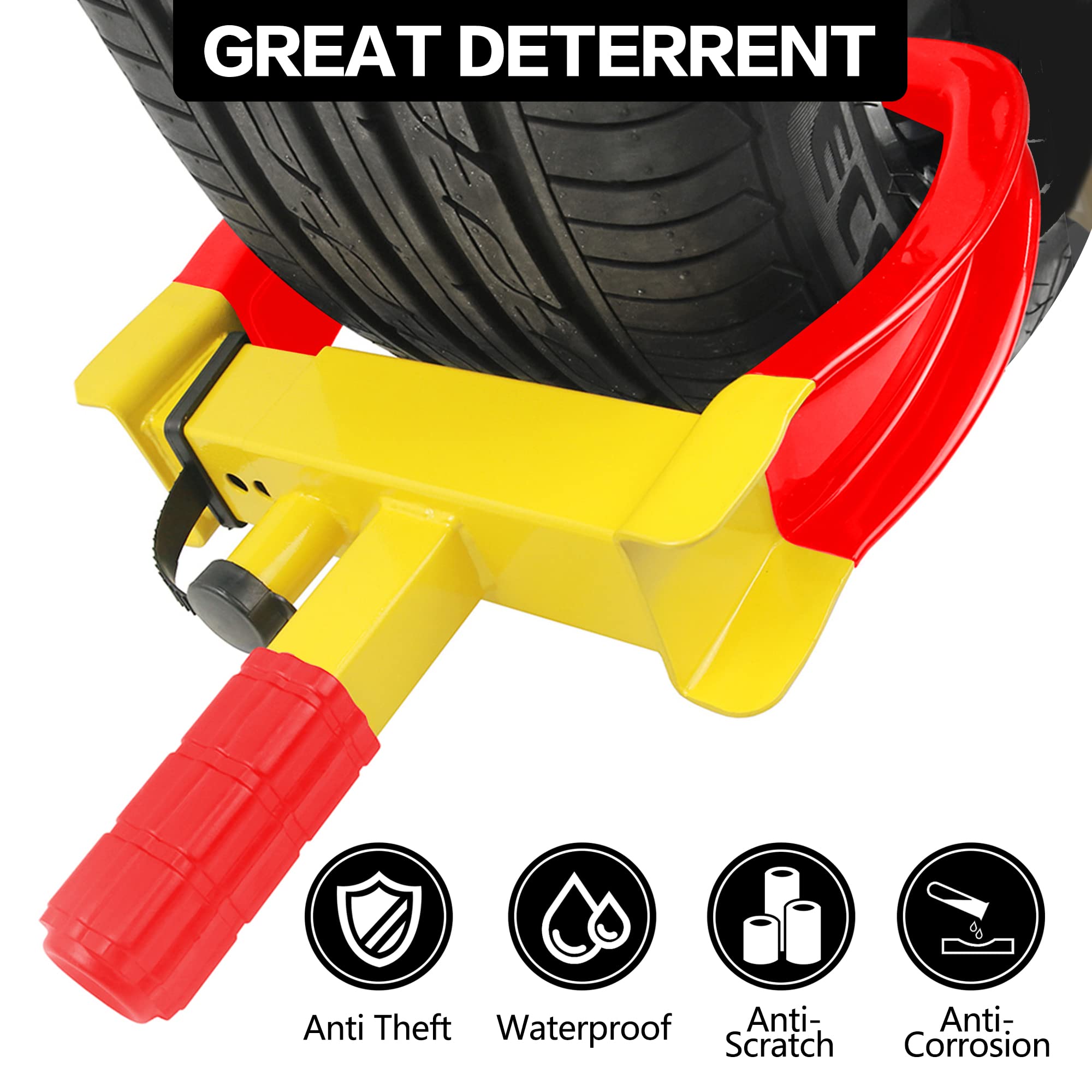 KAYCENTOP Wheel Clamp Lock Tire Lock Anti Theft Lock Fit Most Vehicles Max 11" Tire Width and 7" Reach for Trailers SUV Boats ATVs Motorcycles Golf Cart Great Deterrent Bright Yellow/Red, 3 Keys